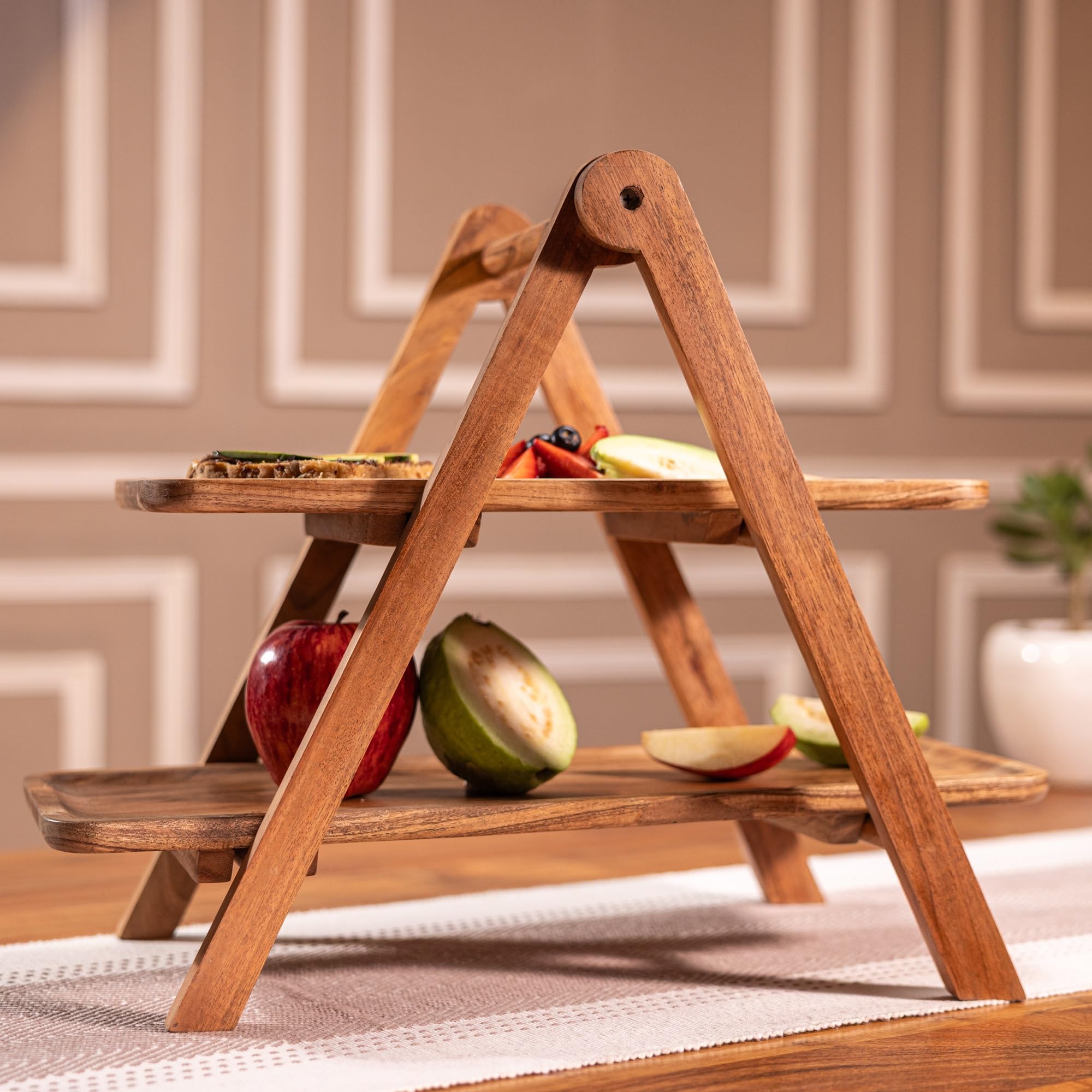 - SnackRack Multipurpose Collapsable Serveware | 2 Tier Acacia Wood Serving Stand for Sweets, Cookies, Dry Fruits, Mouth Freshener & Snacks | Foldable Wooden Rack