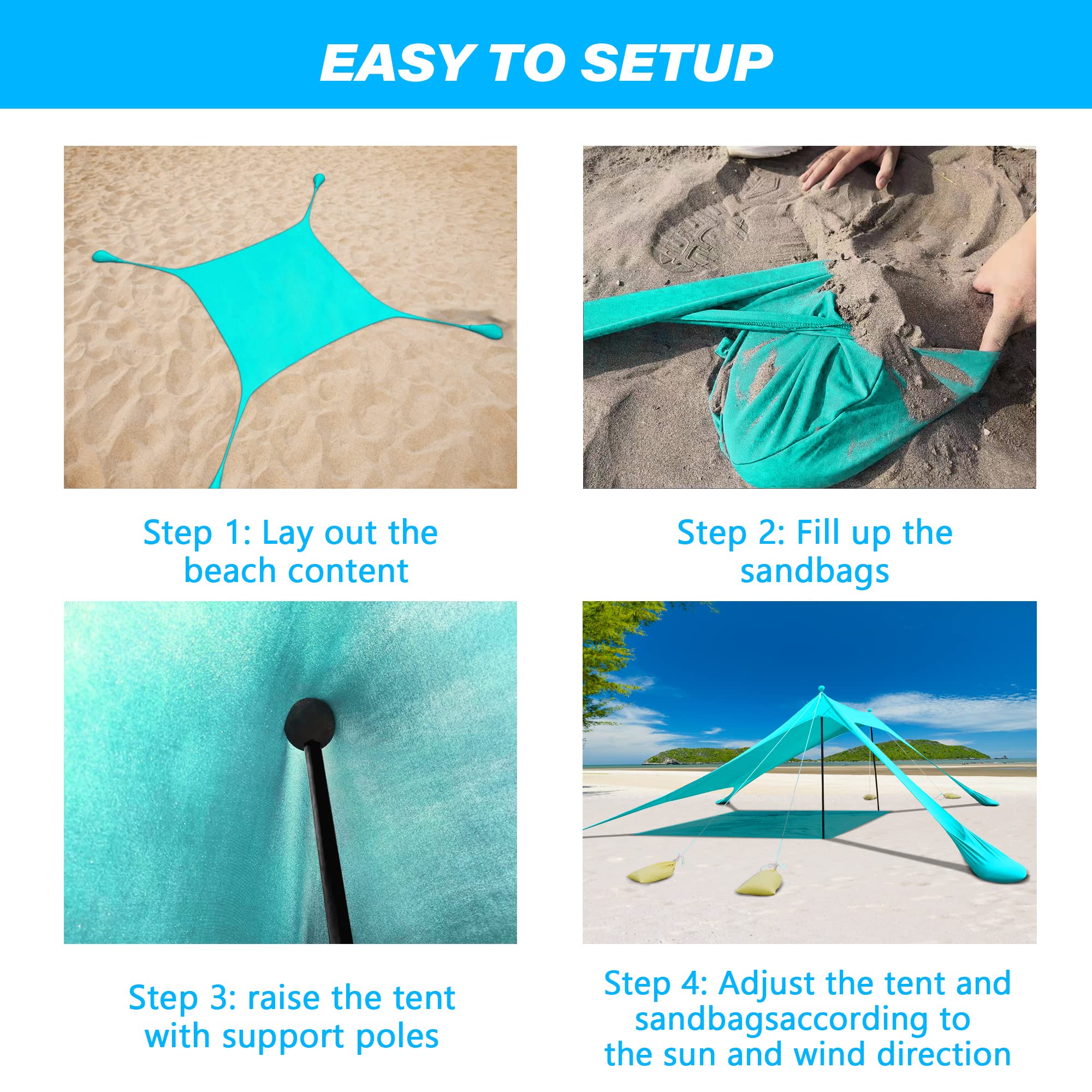 Tenda da spiaggia, parasole portatile, con protezione UV UPF 50+, ancoraggio a sabbia e aste in alluminio per spiaggia, cortili, campeggio, pesca e picnic, 2 x 2 x 2 m, verde blu