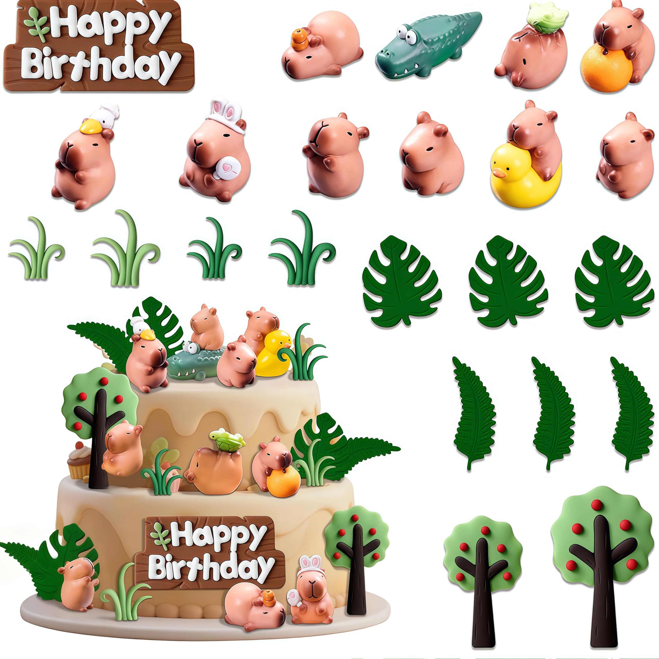 Zosutetoxo 23-Piece Capybara Cake Figures Set: Adorable Wildlife Theme Cake Decorations in Green for Children’s Parties