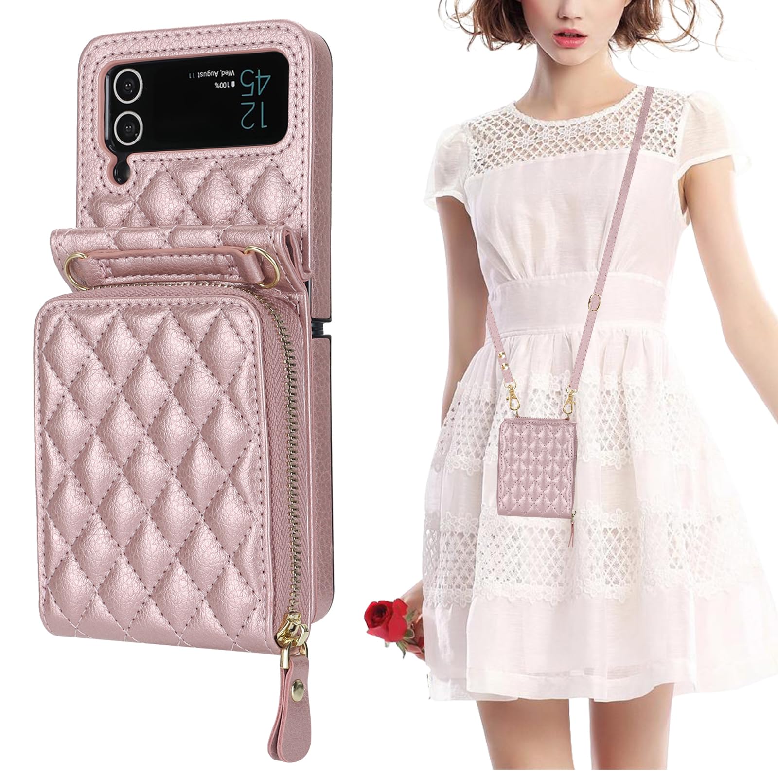 KIHUWEY for Samsung Galaxy Z Flip 4 Wallet Case, Crossbody Zipper Purse with Credit Card Slot Holder RFID Blocking PU Leather Adjustable Lanyard