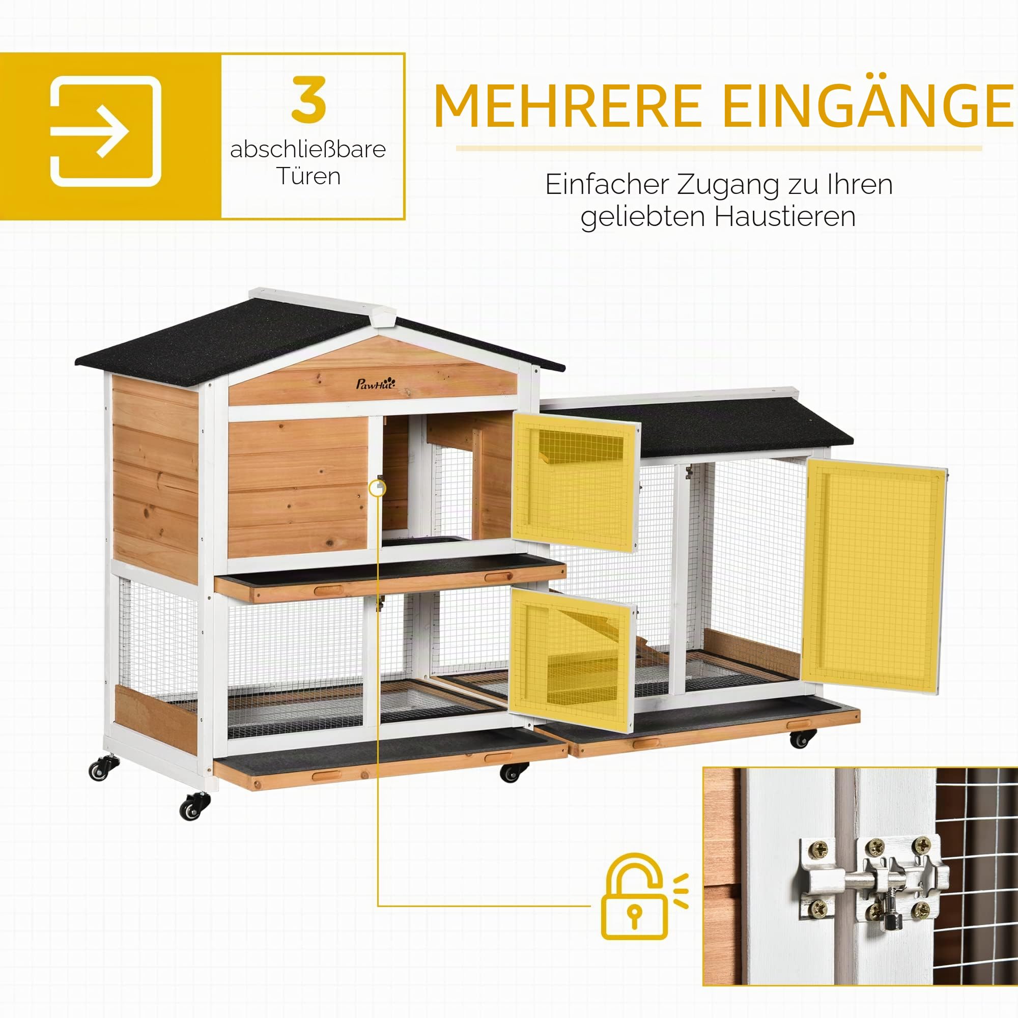 PawHut Kaninchenstall aus Holz für Kaninchen, Kleingehege, Tiere, Villa, für Kaninchen, auf Rollen, 2 Etagen, 3 verschiebbare Ablagen, 157,4 x 53 x 99,5 cm, Gelb