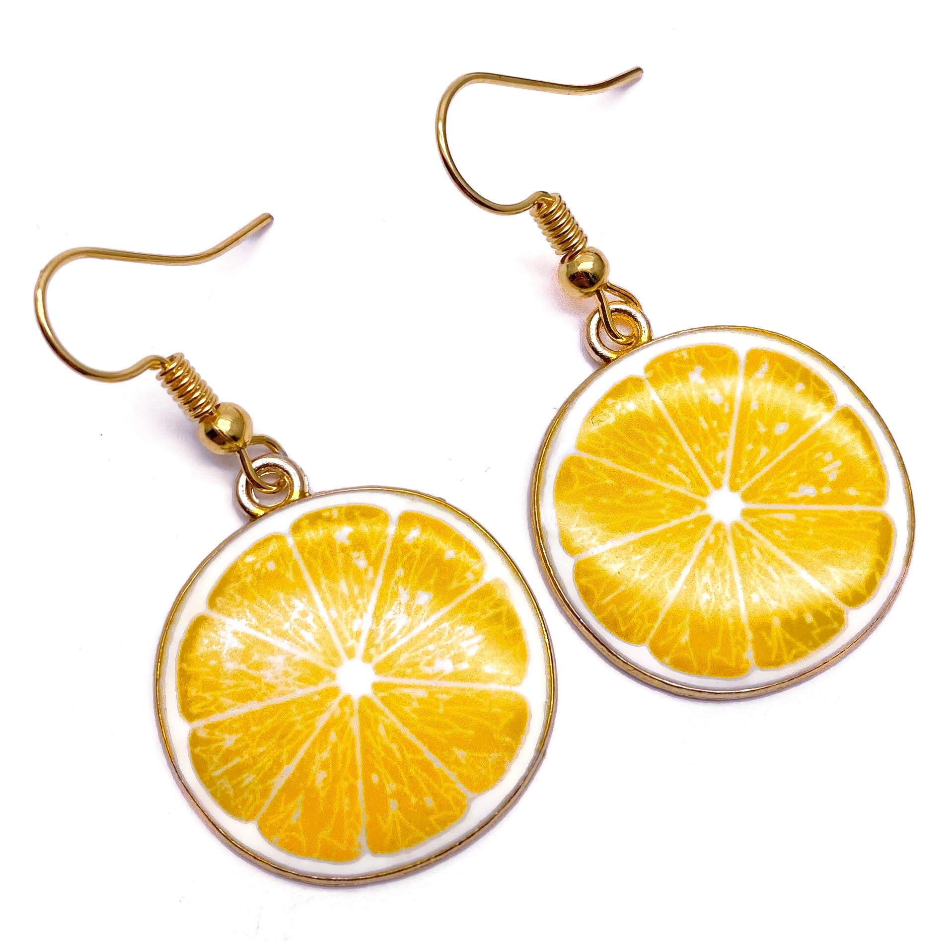 Vilda JewelleryLemon Earrings, 'Fruit Slice' Enamel Charm Beads on Nickel Free Hooks : 42mm long, Gift for Women, Fun Summer Fruit Jewellery, Handmade Drop Earrings