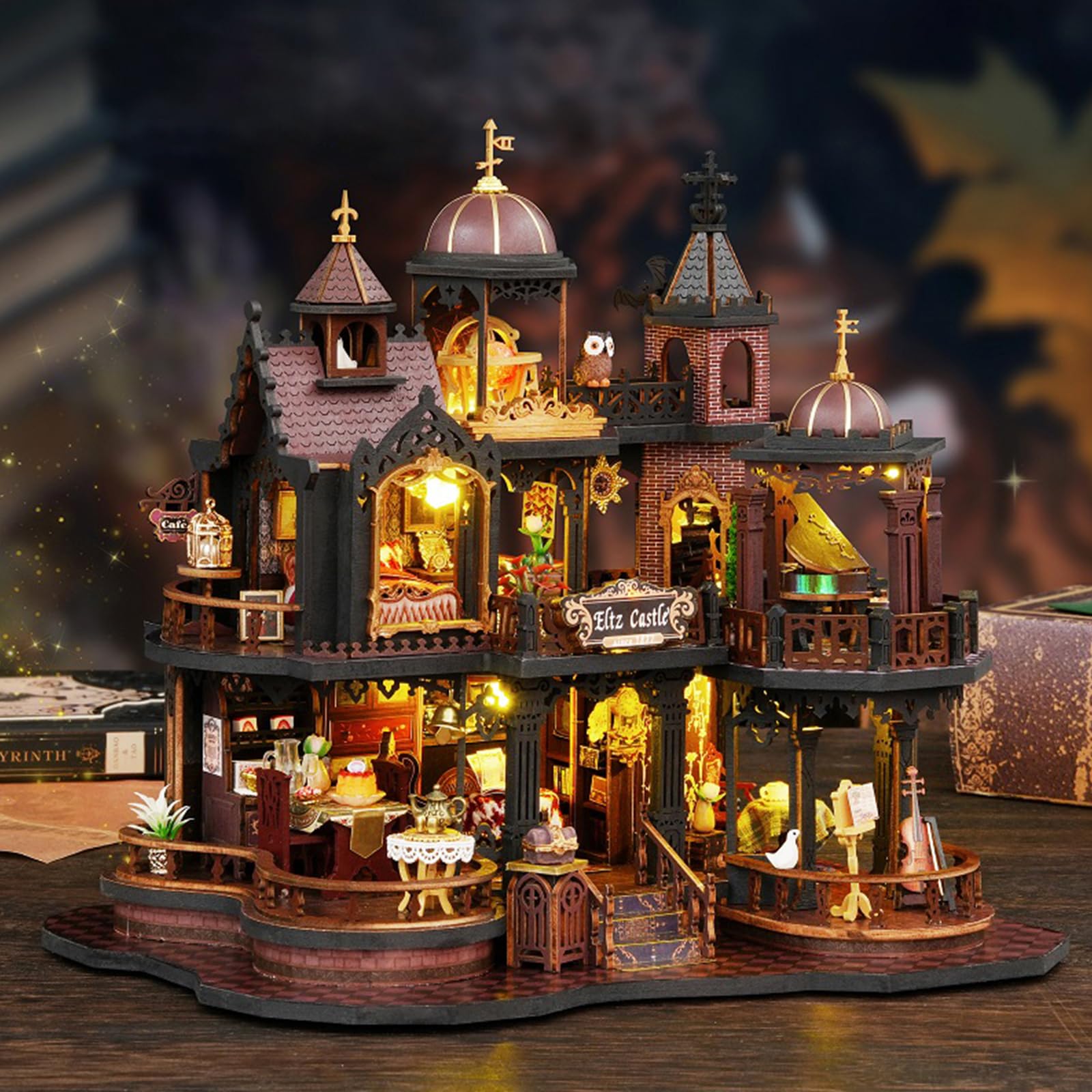 Kit fai da te per casa delle bambole in miniatura, fatto a mano, mini casa delle bambole 3D con mobili e luce calda a LED, kit di mobili in legno, decorazione per libri, libreria, idea regalo per