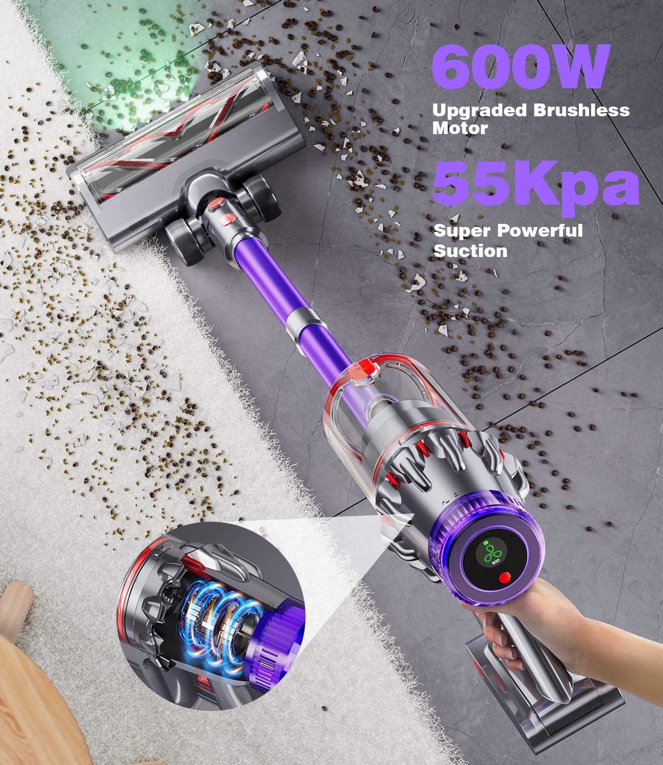 EUARY Aspirapolvere Senza Fili 55Kpa&600W, 60Mins Scopa Elettrica Senza Aspirapolvere Senza Fili Potente, 11 Stadi Filtrati OLED Smart Anti-Avvolgimento, per Peli Animali/Pavimenti/Tappe