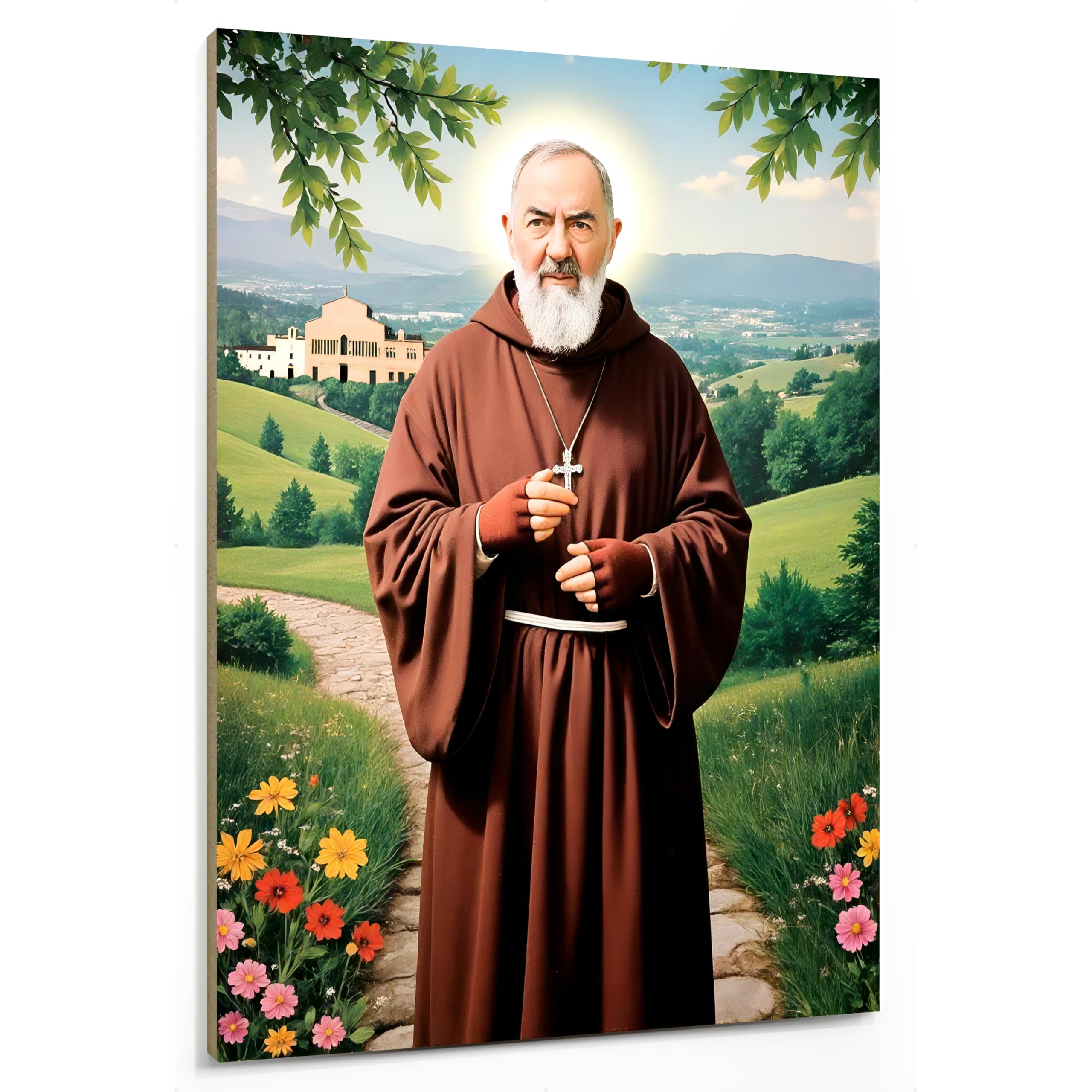 emmena - Sacred Art Picture - Saint Pius - Padre Pio and His Church - 18 x 24 cm