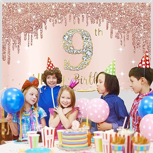 Miniatura 5 de Cartel de feliz 9º cumpleaños para niñas, suministros de fiesta de noveno año de oro rosa, cartel rosa de 9 años, decoración de cabina de fotos