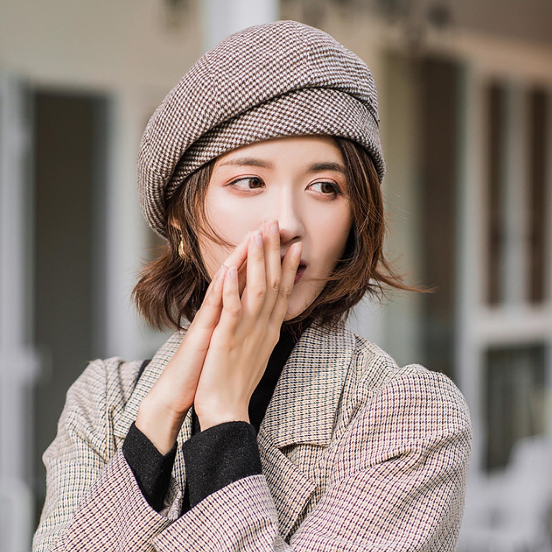 Beret Hats for Women,Beret Hats for Women, Vintage Winter Beret Hats, Soft Acrylic Fibers Womens Beret Hat, Fashion Beret Cap, Elegant Plaid Beret Coffee