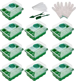 10 Pack Plant Germination Trays Seedling Starter Trays Seed Starting Kit Humidity Adjustable Plant Starter Kit with Humidity Lid and Base for Greenhouse Seed Grow Trays Germination 120 Cells Green