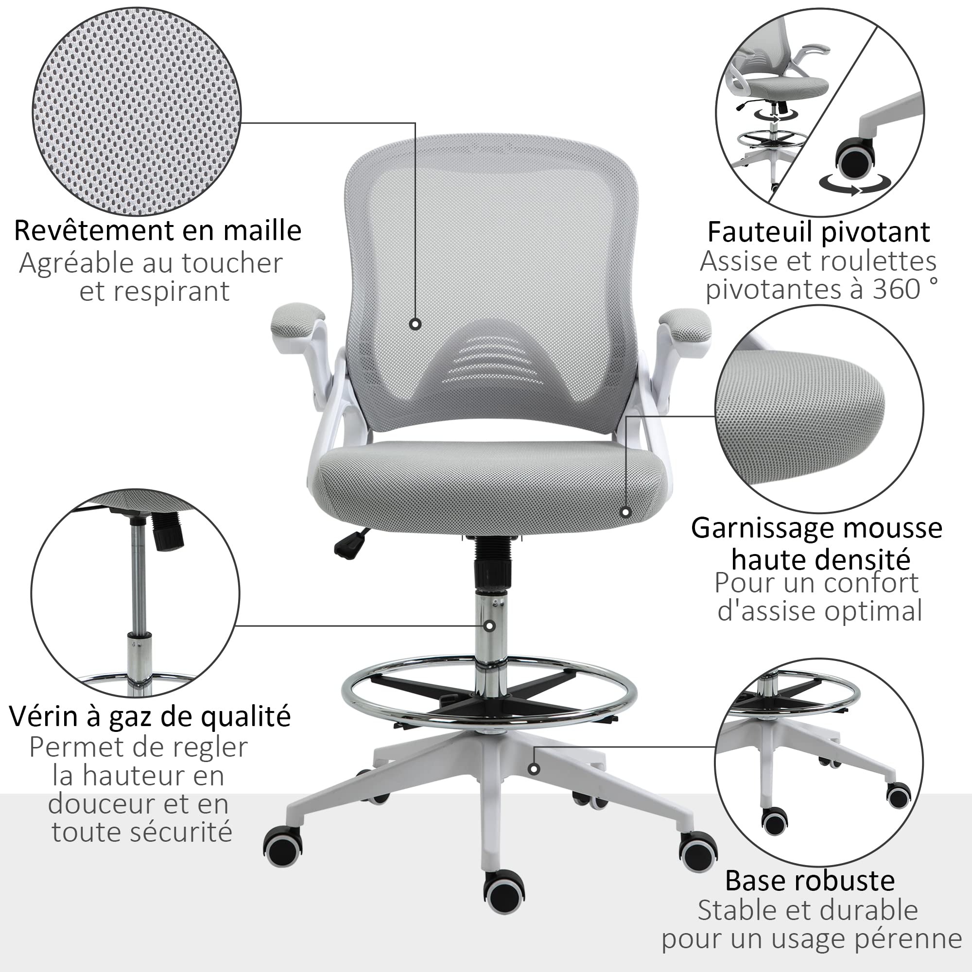 Vinsetto Chaise Bureau Ergonomique avec Repose-Pieds Accoudoirs Blanc
