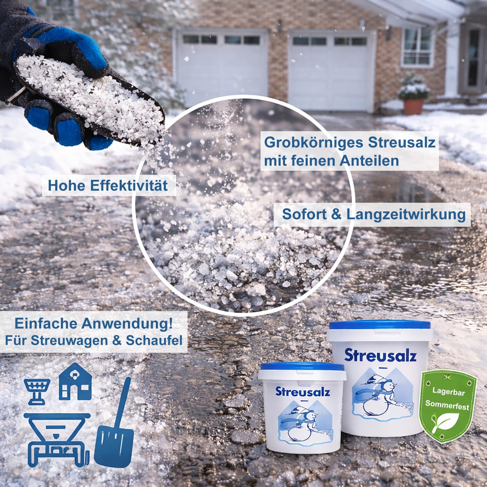 Buri Lot de 2 x 10 kg de sel de déneigement pour l'hiver dans un seau de 20 kg de sel de déneigement pour épandeur, sel, pelle, sel d'hiver, neige, glace