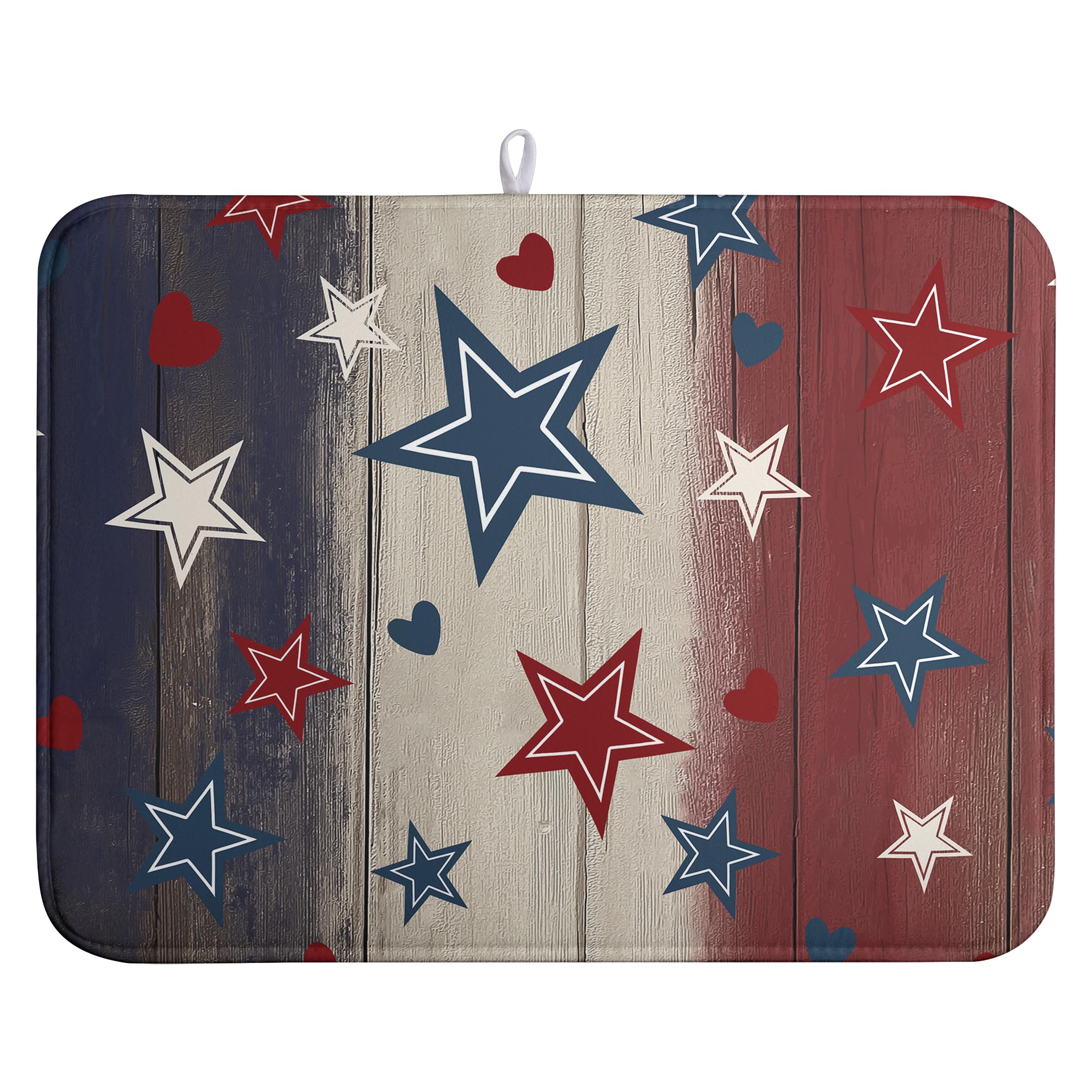 Patriotic Stars Dish Drying Mats 4th of July Dish Mat Blue Red Heart Drying Matt Dishes Dryer Pad for Kitchen Counter Absorbent Microfiber Washable Foldable Reusable 18x24 in