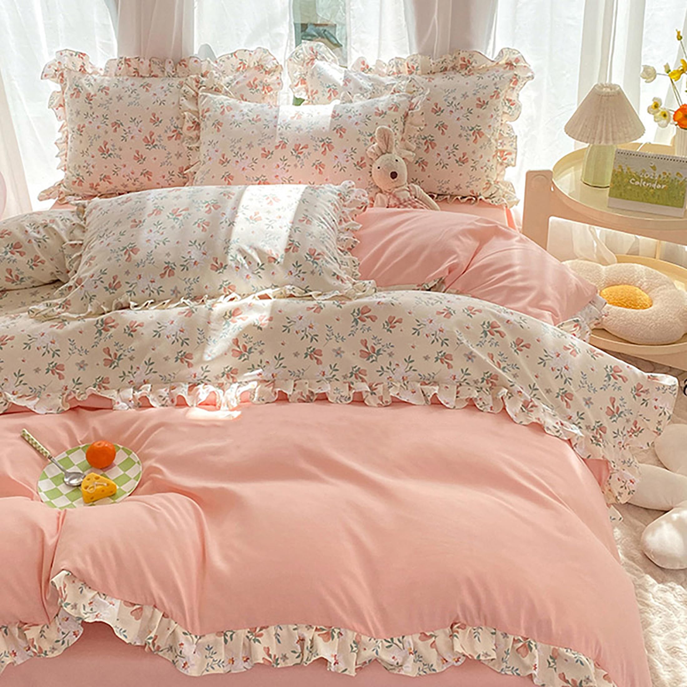 GETIYA Romantisch Rüschen Bettwäsche 135x200 4Teilig Rosa Blumen Bettwäsche Mädchen Damen Blümchen Bettbezug mit Rüschen Weich Mikrofaser Bettwaesche Rosa mit 2 Reißverschluss Kissenbezug 80x80
