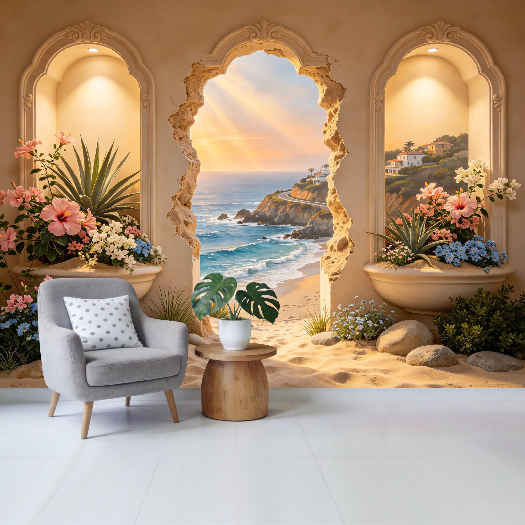 Custom Size Wall Mural Coastal Mediterranean Seaside View Floral Archway Sunset Scene Removable Self Adhesive Fabric Home Wall Decor for Living Room Bedroom Bathroom