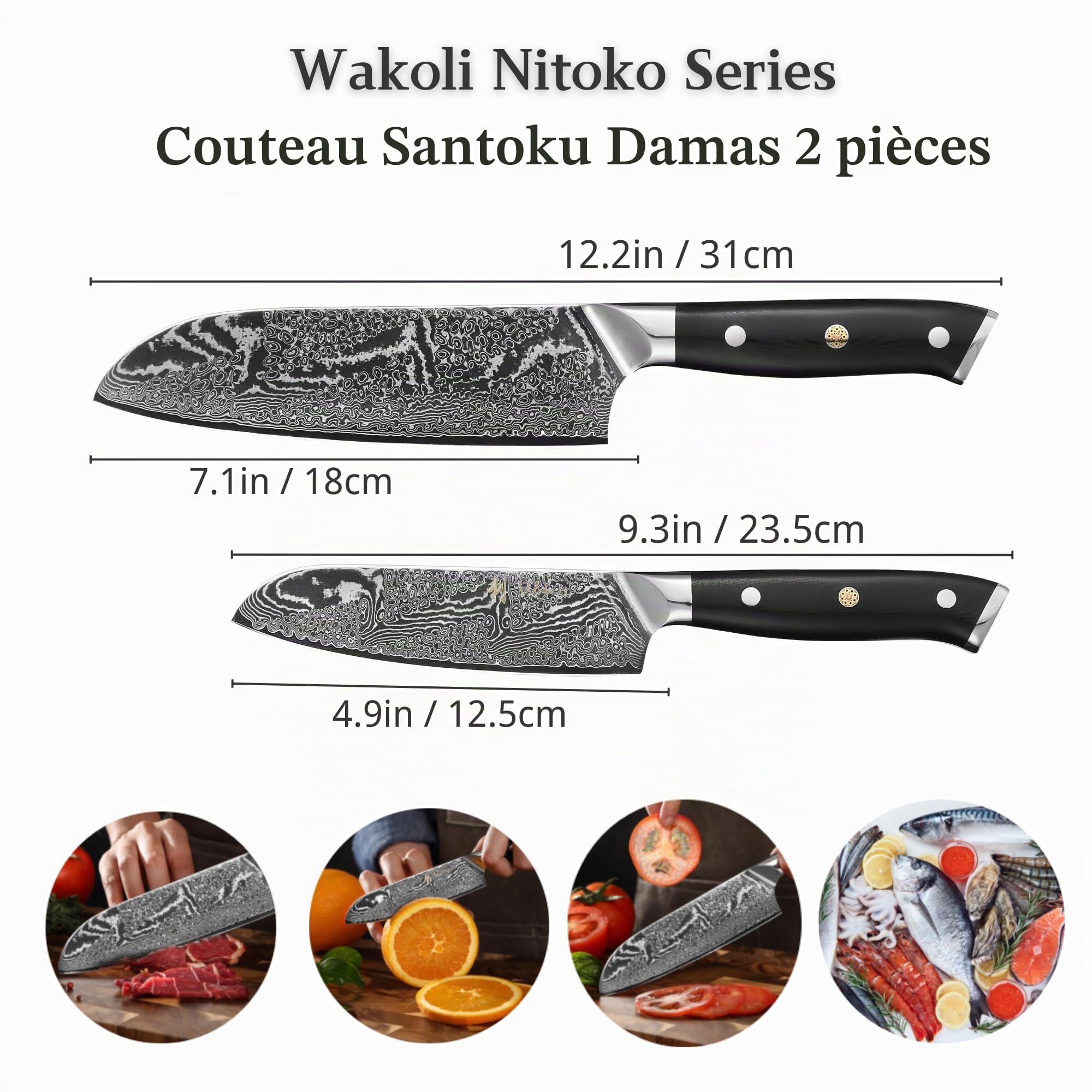 WAKOLI Nitoko Set de 2 Couteaux Santoku de Cuisine Professionnels en Damas | lames de 18 et 12,5 cm, noyau VG10 à 67 couches, manches en G10, lame intégrale, avec protège-doigts, élégant coffret en bois