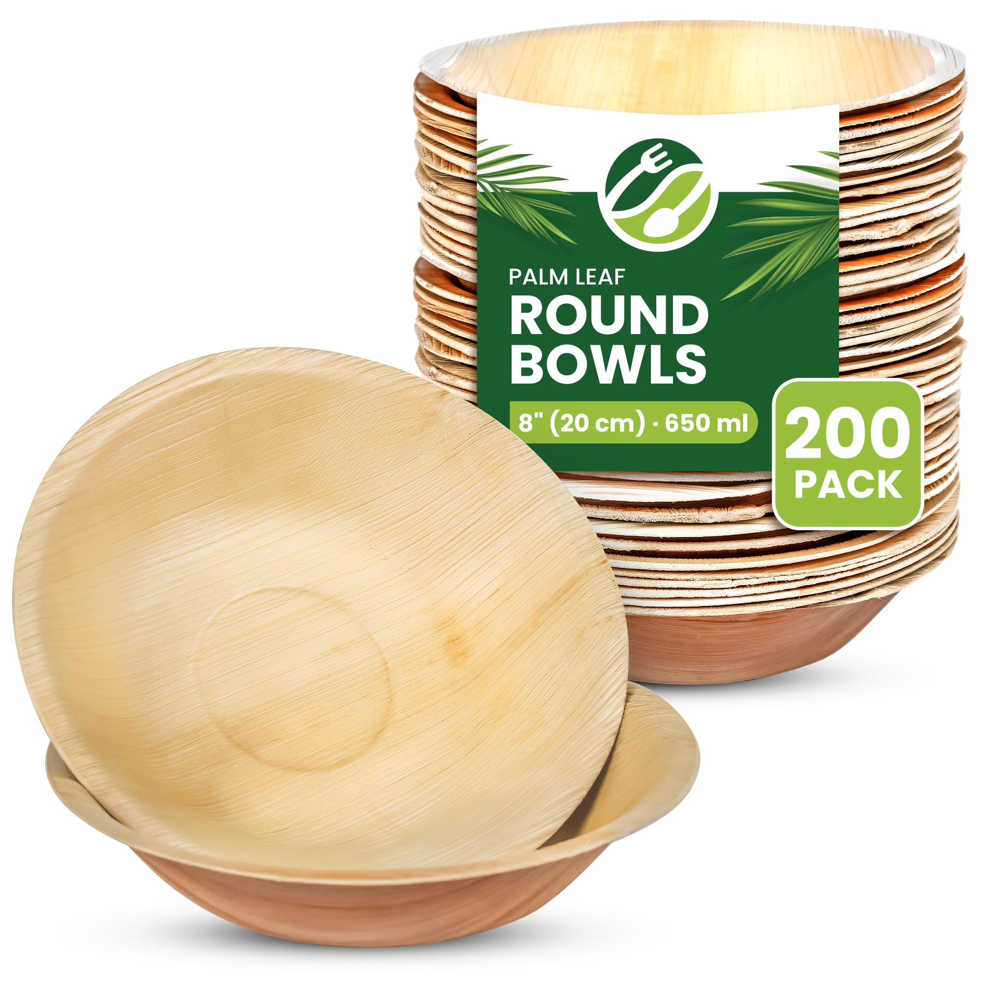 ECO Leaf 200 Disposable Palm Leaf Bowls, 8" (20cm), 650ml (22oz) Round – Compostable, Biodegradable, Eco-Friendly Bamboo Bowls for Salad, Weddings, Parties and Picnics, Microwave Safe — image 1