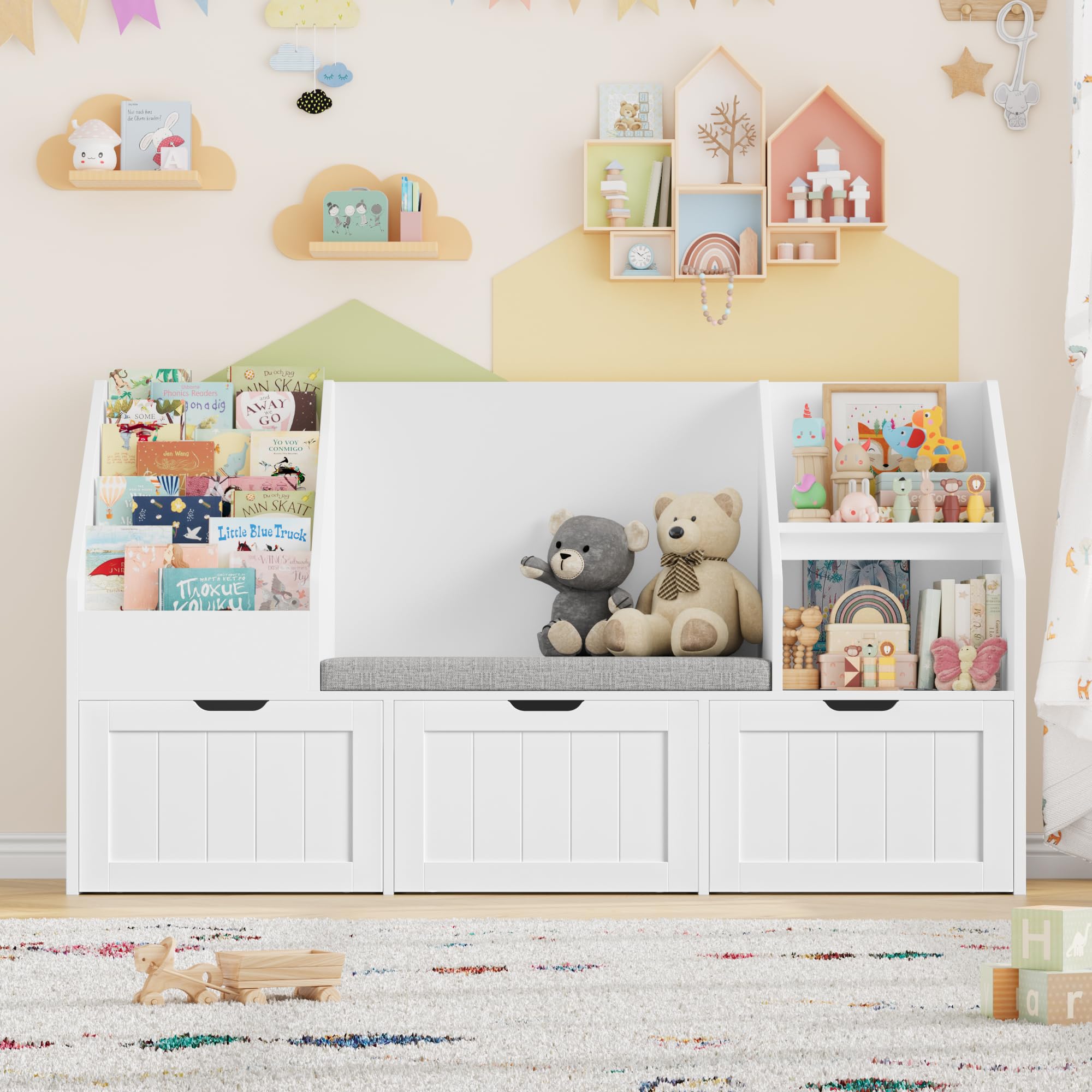 FOREHILL Libreria Montessoriana per Bambini, Porta Giochi Bambini con Cuscini, Libreria Panca a 4 Ripiani, Mobile Porta Giochi a 3 Cassetti con Ruote, per Cameretta, Studio, 140x39.5x80 cm (Bianco)