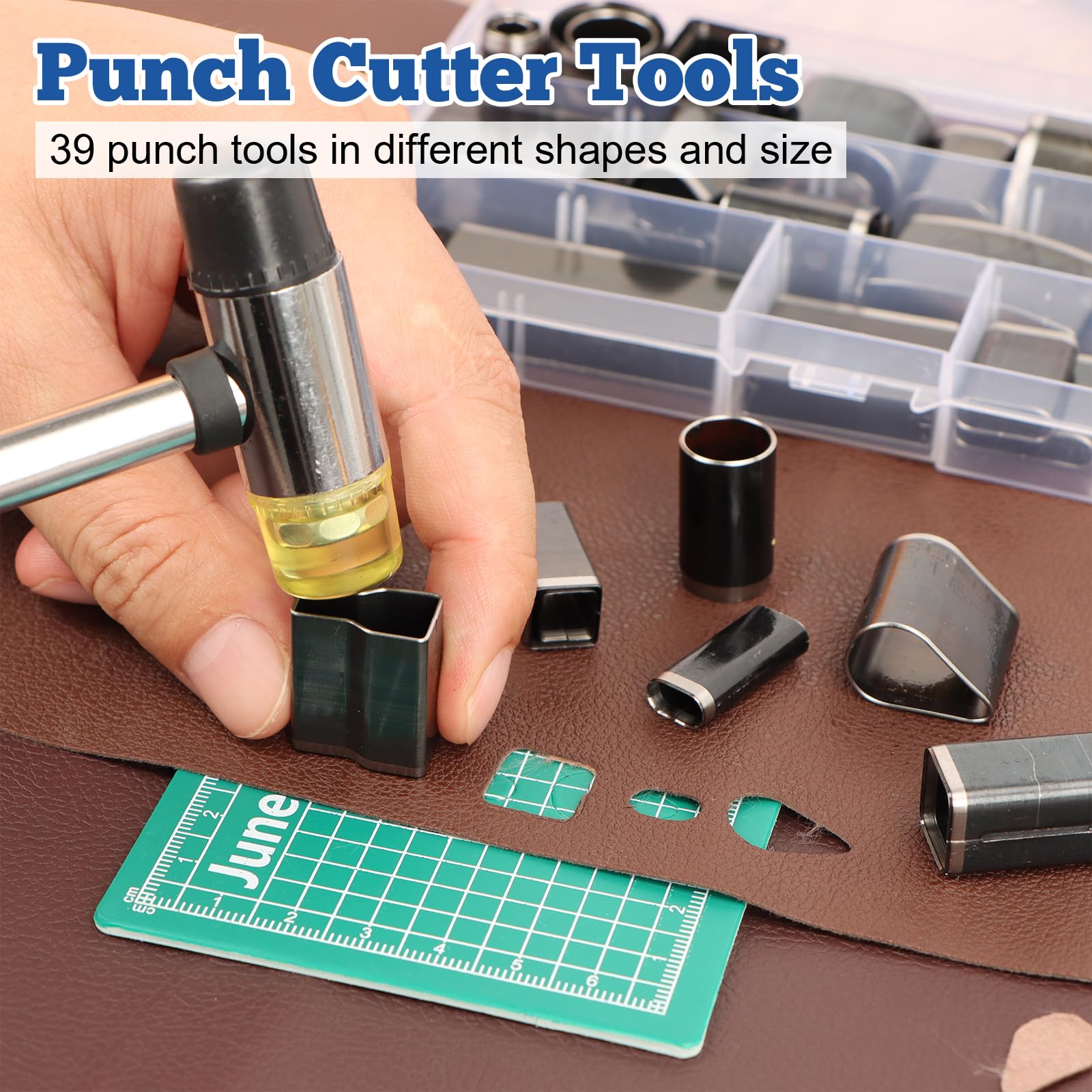 45PCS Leder Bastelset Stanzgerät Werkzeug,39 Formen Stil Hohlstanzer Werkzeug,mit 4PCS Spacing Punch Tool(5 mm Abstand (2 + 4 + 6)),1 Hammer und 1 Matte für Leder Handwerk