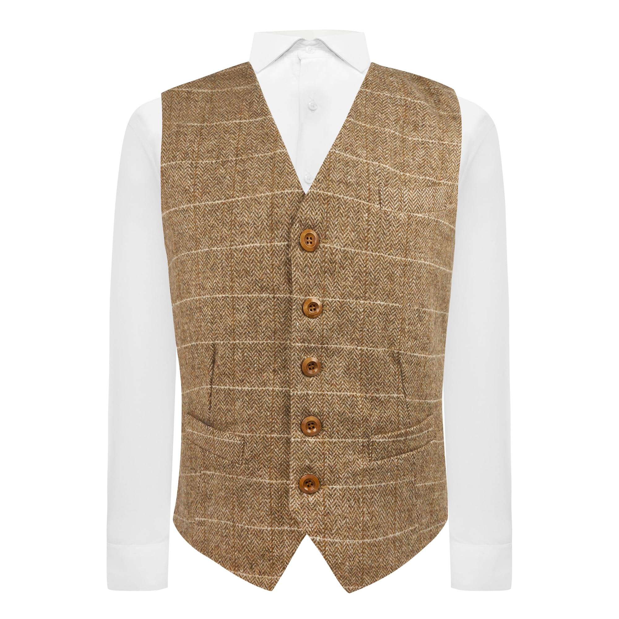 King & Priory Brown Herringbone Windowpane Check Waistcoat - L