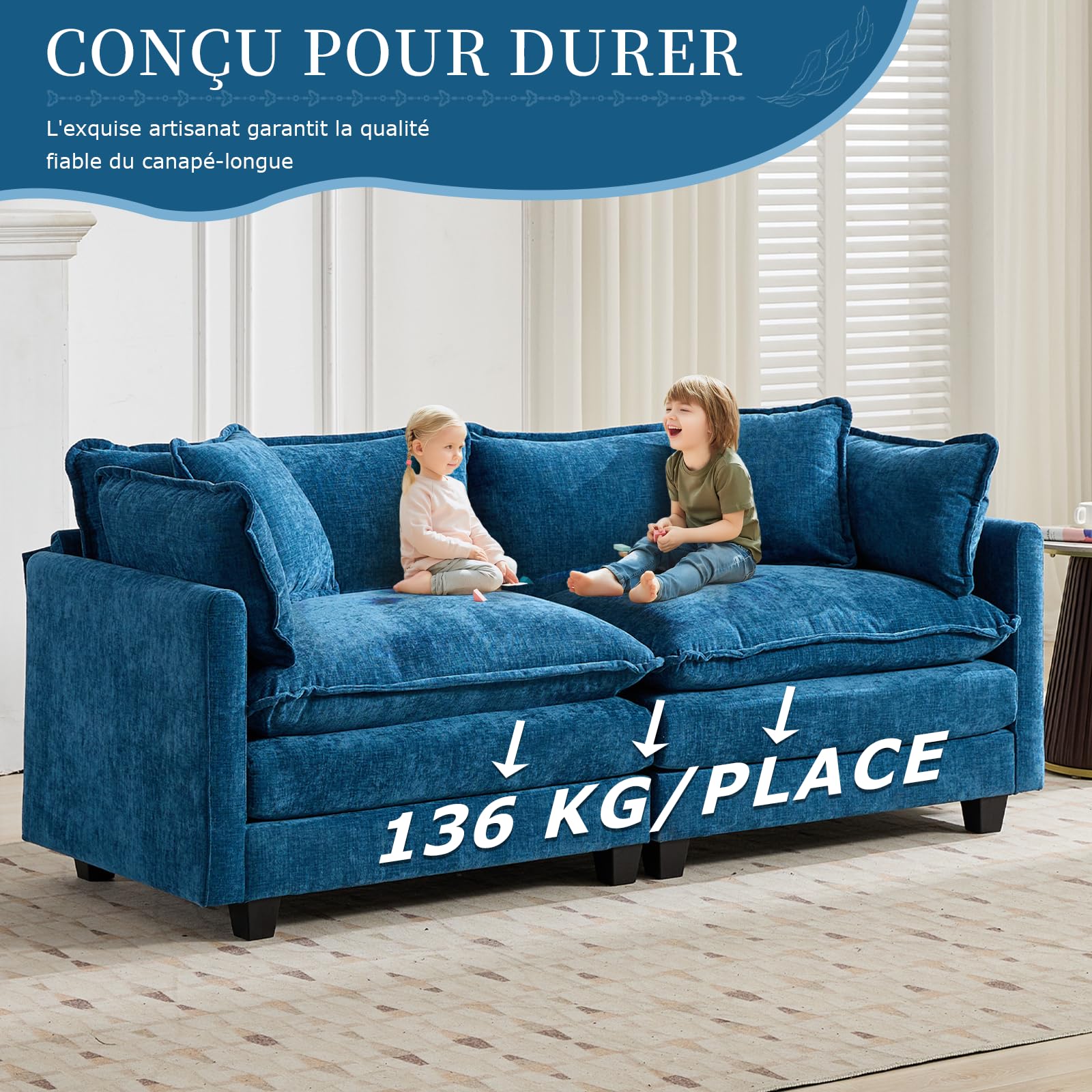 SoarFlash Canapé modulable 2 Places 198 cm, Chenille Bleue, Double Coussins | Tissu doux, résistant et respirant, fourni avec coussins et accoudoirs. Idéal pour salon, chambre et appartement.