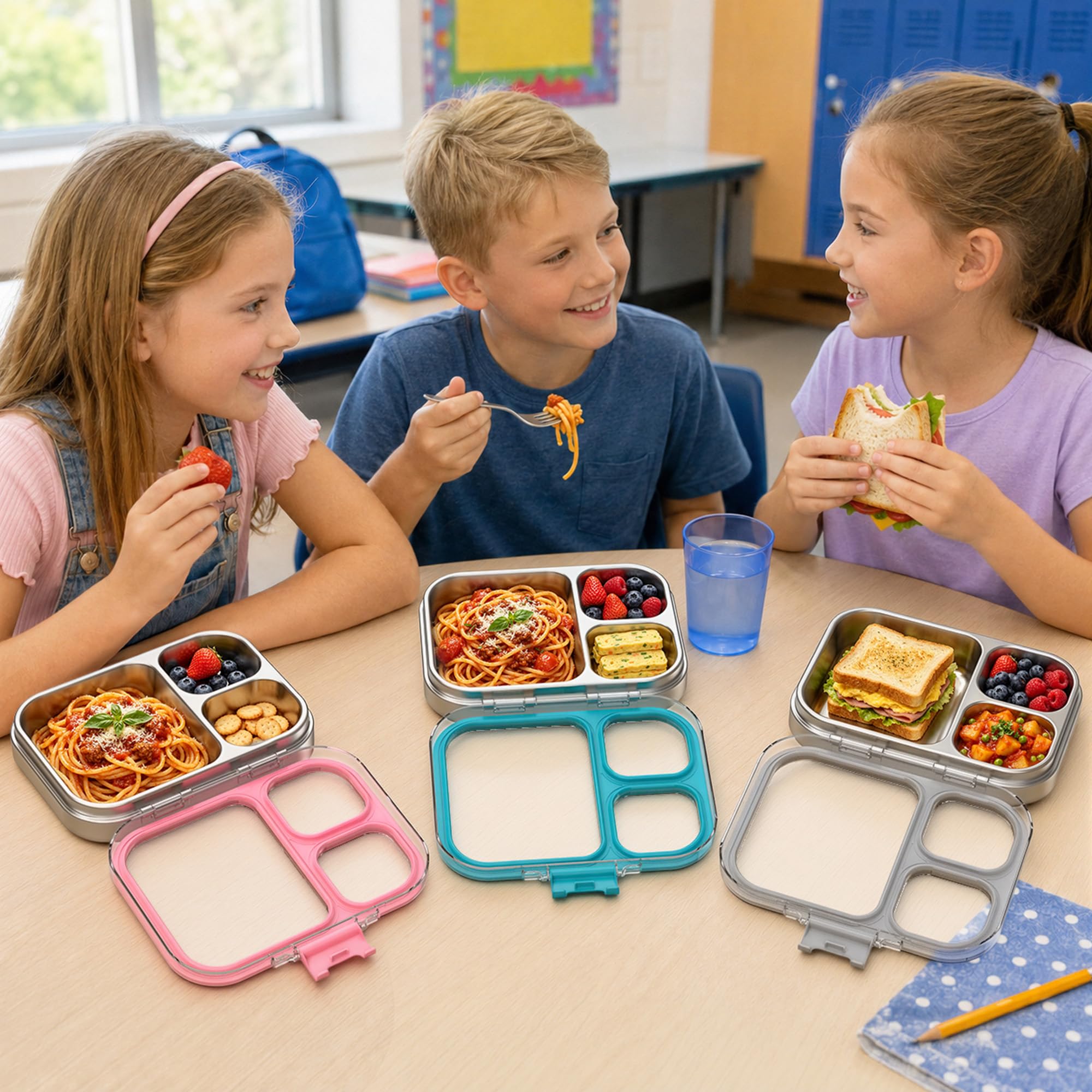 VITONIS Fiambrera infantil de acero inoxidable, fiambrera con 3 compartimentos, fiambrera infantil A prueba de fugas, sin BPA, apta para lavavajillas,Adecuado para campus, picnic (Rosa)