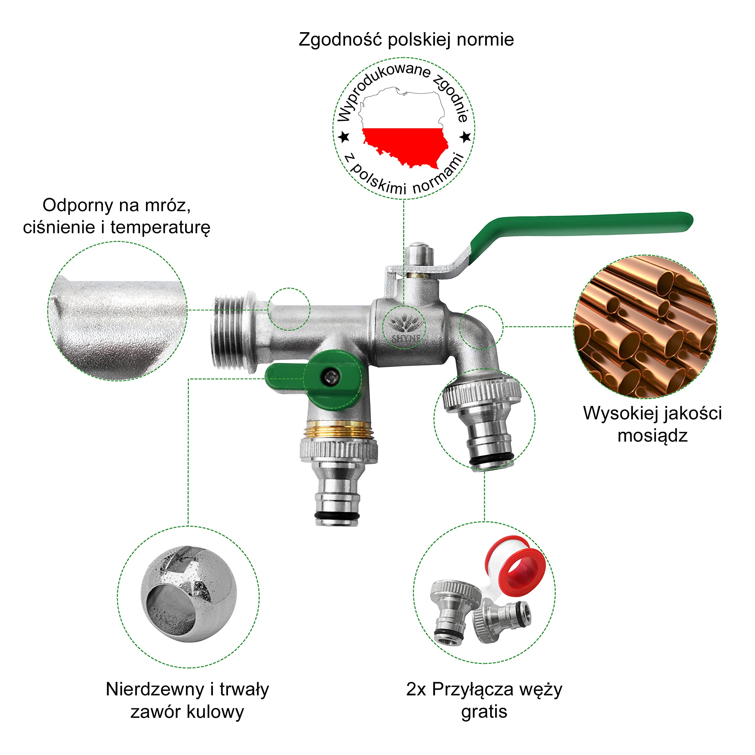 SHYNE Premium 3/4 cala podwójny kran wykonany z mosiądzu nierdzewnej + 2X darmowe połączenia wężowe + Ebook | do ogrodu, pralka, beczka deszczowa