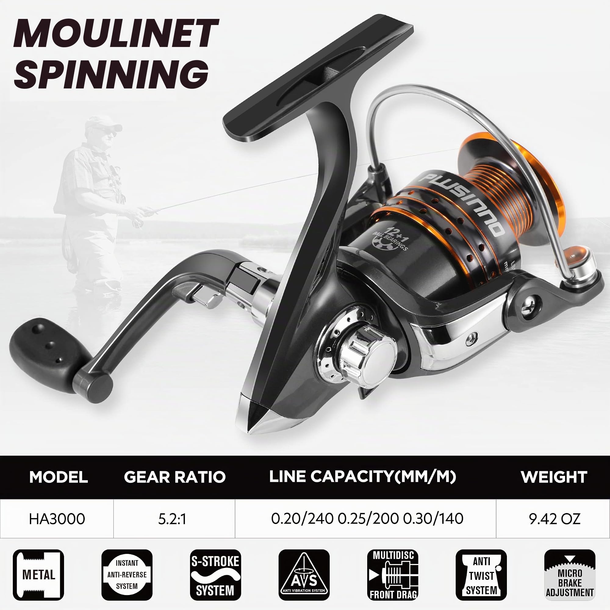 PLUSINNO Ensemble Canne à pêche et Moulinet – Canne à pêche télescopique en Fibre de Carbone – Moulinet Rotatif 12 + 1 roulements blindés en Acier Inoxydable BB