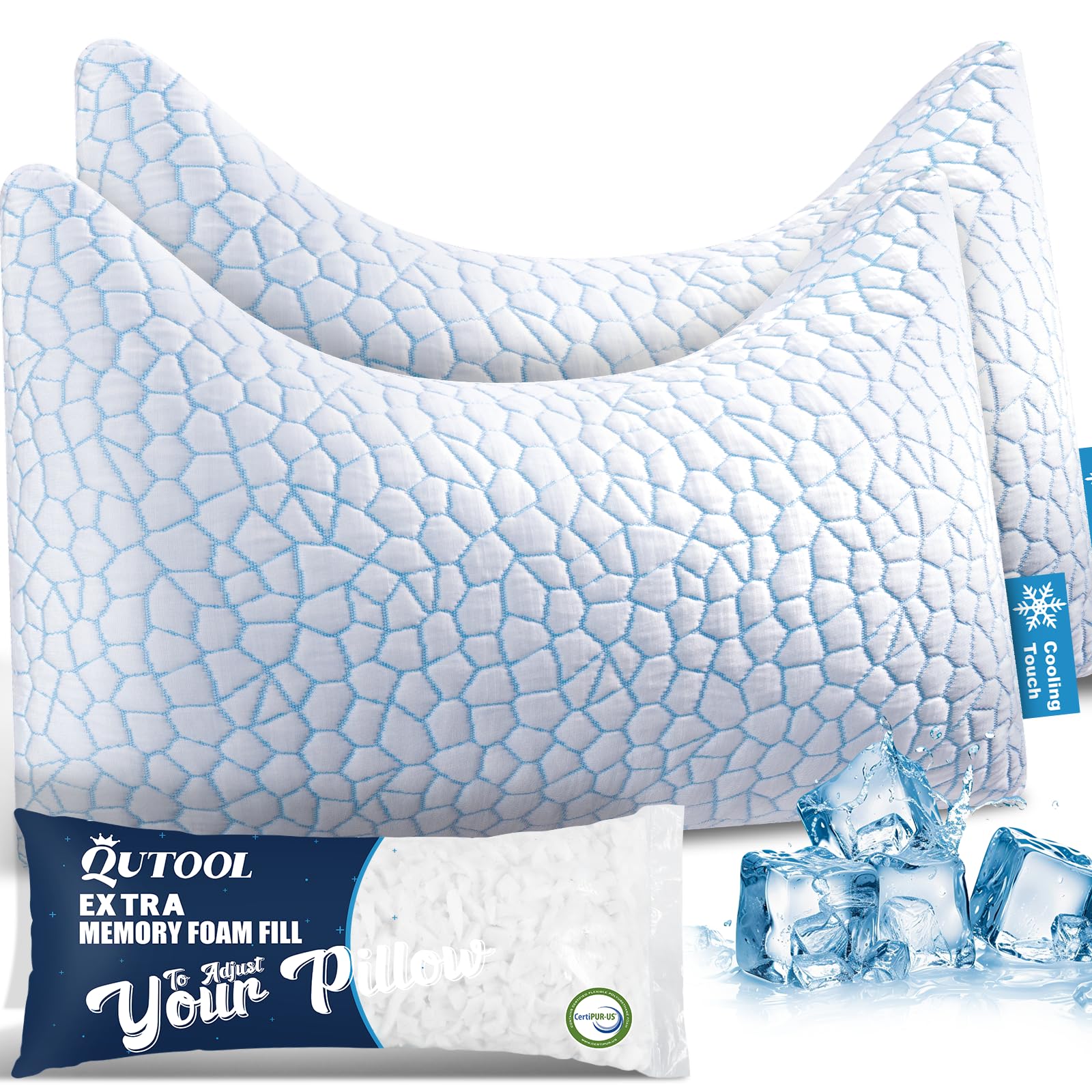 QUTOOL Double Sided Cooling Pillow for Side and Back Sleepers Adjustable Soft Firm Shredded Memory Foam Pillows for