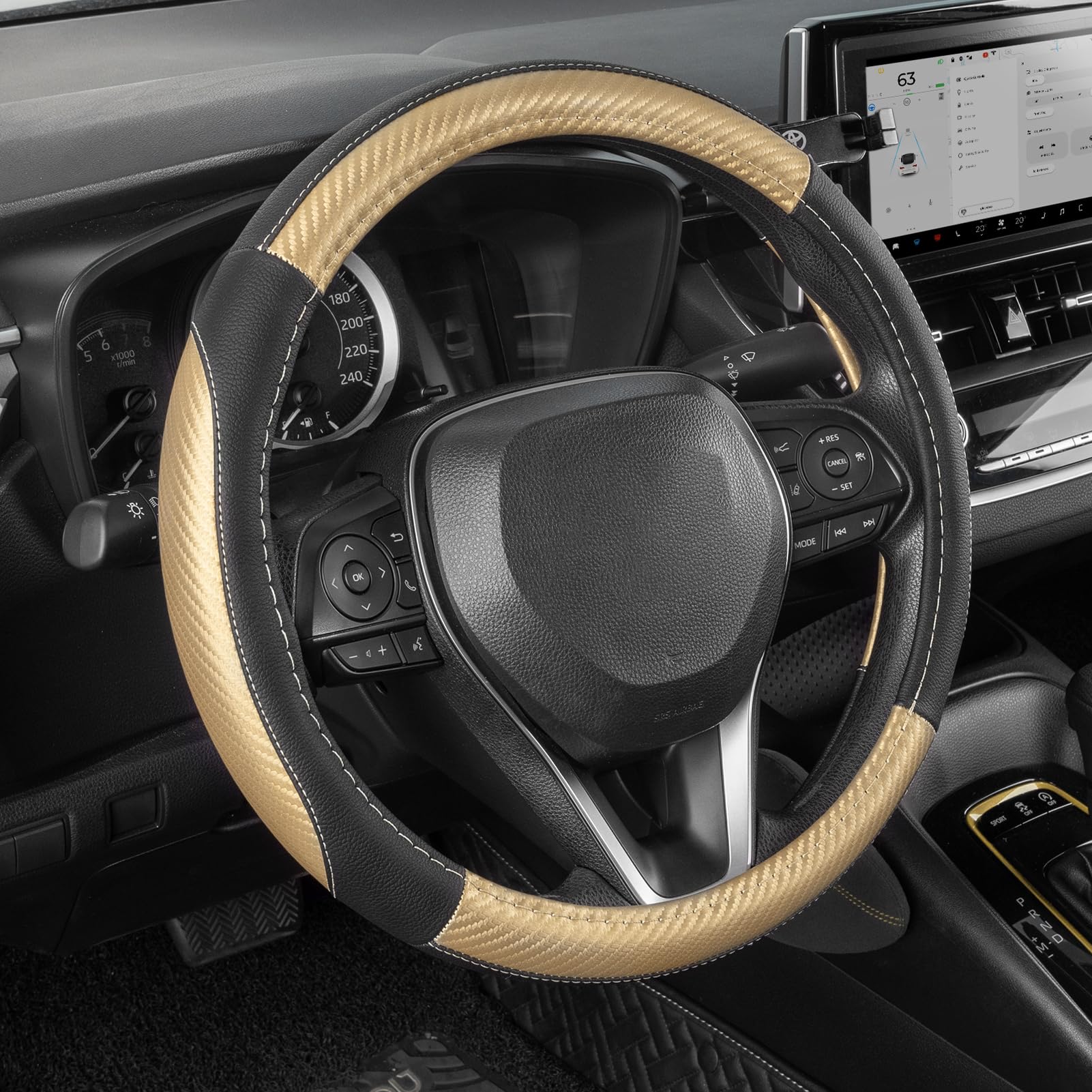 SEG Direct coprivolante auto, taglia media standard 37-39 cm, accessori interni auto, pelle in microfibra nero e oro