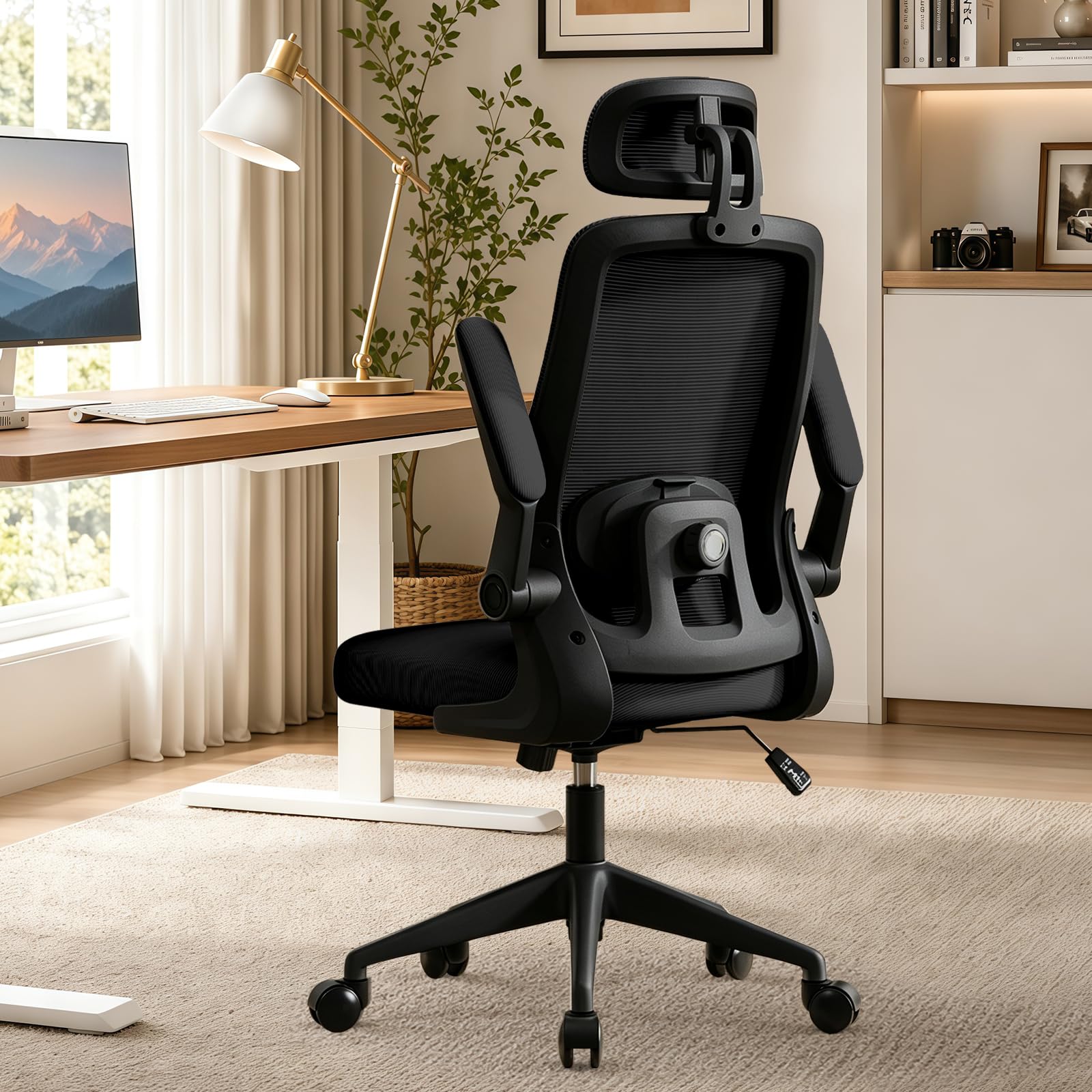 WXJHL Ergonomic Office Chair with Adjustable Lumbar Support, Desk Chair with 3D Headrest & Flip-Up Armrests, High Back Mesh Computer Chair for Home Office, Study & Gaming, Black