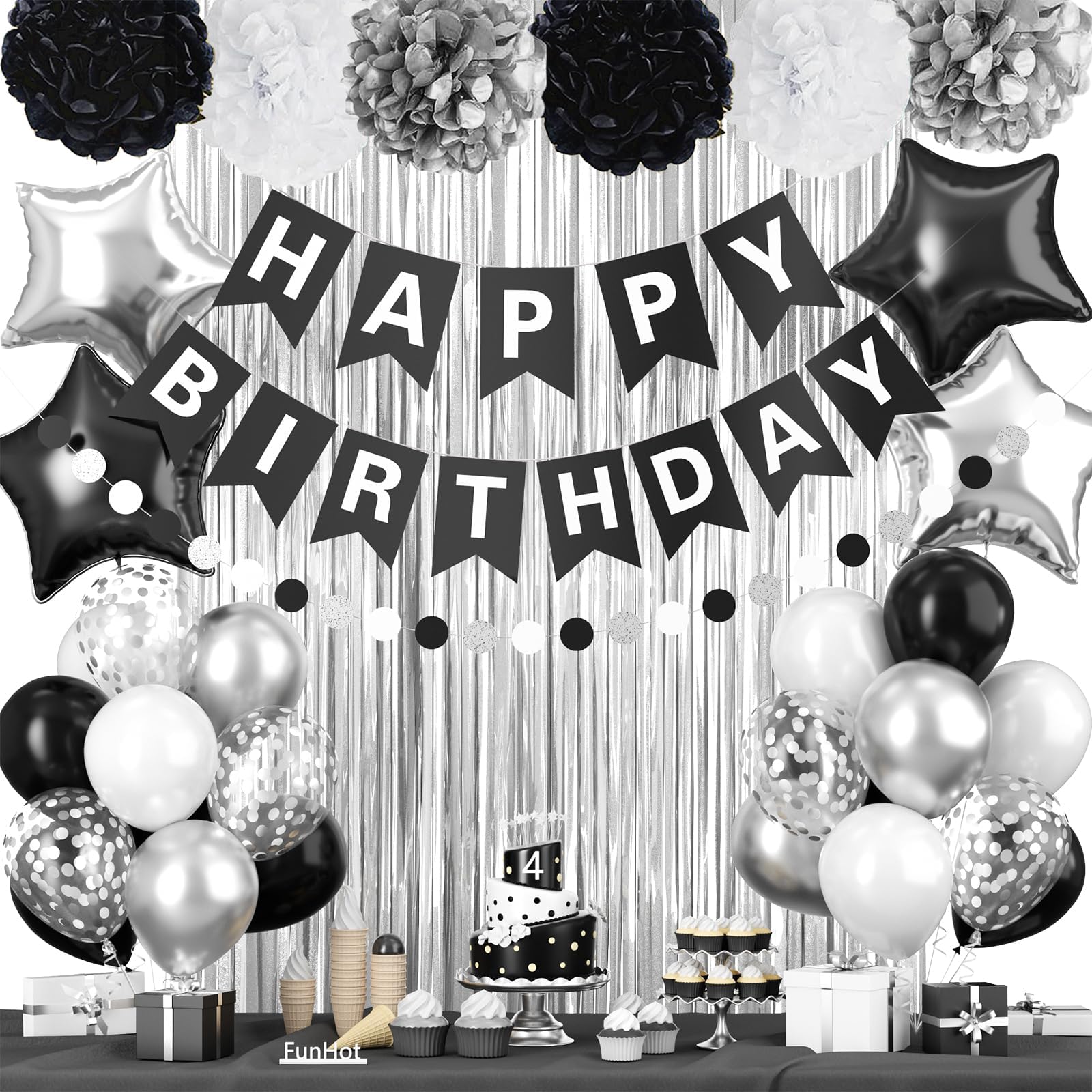 Snapklik.com : Black White Silver Birthday Decorations For Men Boys Party