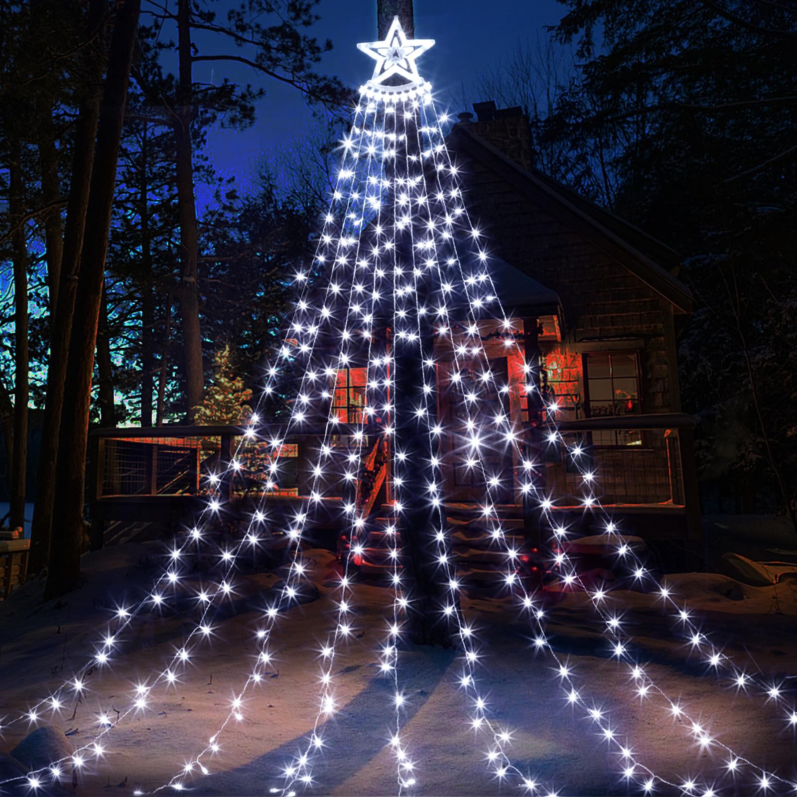 Waterfall Christmas Tree Lights with 12" Star Topper, 8 Modes 349 LEDs