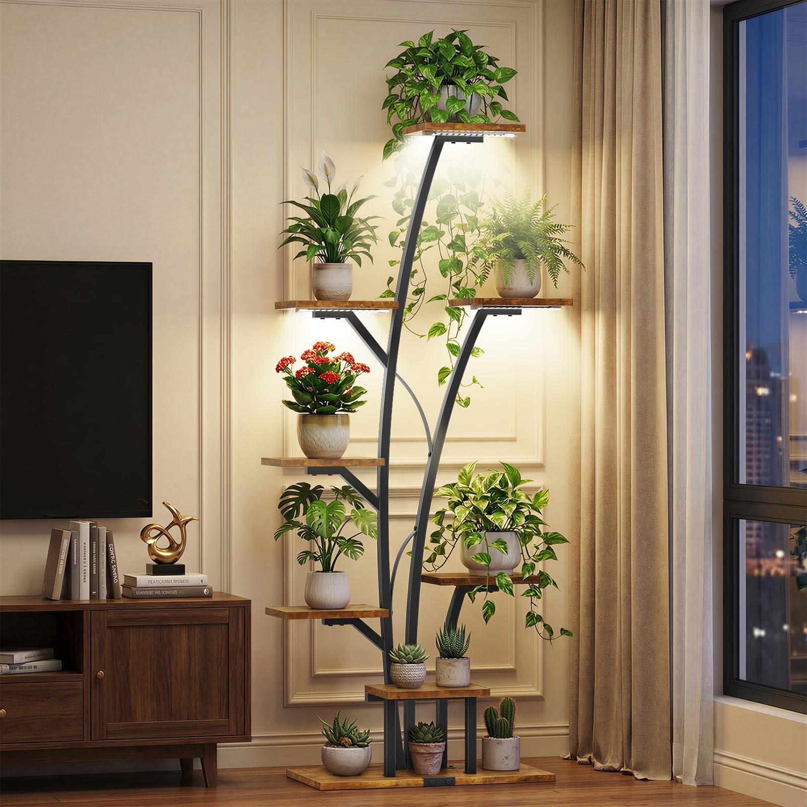 Kalrin 8-Tier Plant Stand Indoor with Grow Lights, 63" Tall Lighted Corner Plant Stands for Indoor Plants, Metal Plant Flower Display Shelves, Plant Shelf Plant Rack for Home, Living Room (Brown)