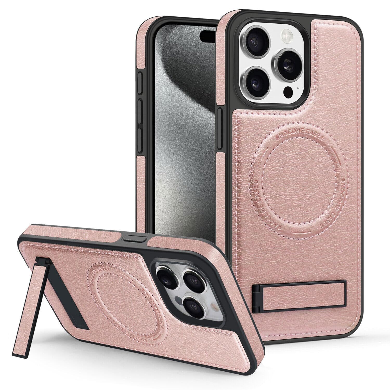 Étui rabat iPhone 14 or rose avec support magnétique et protection écran