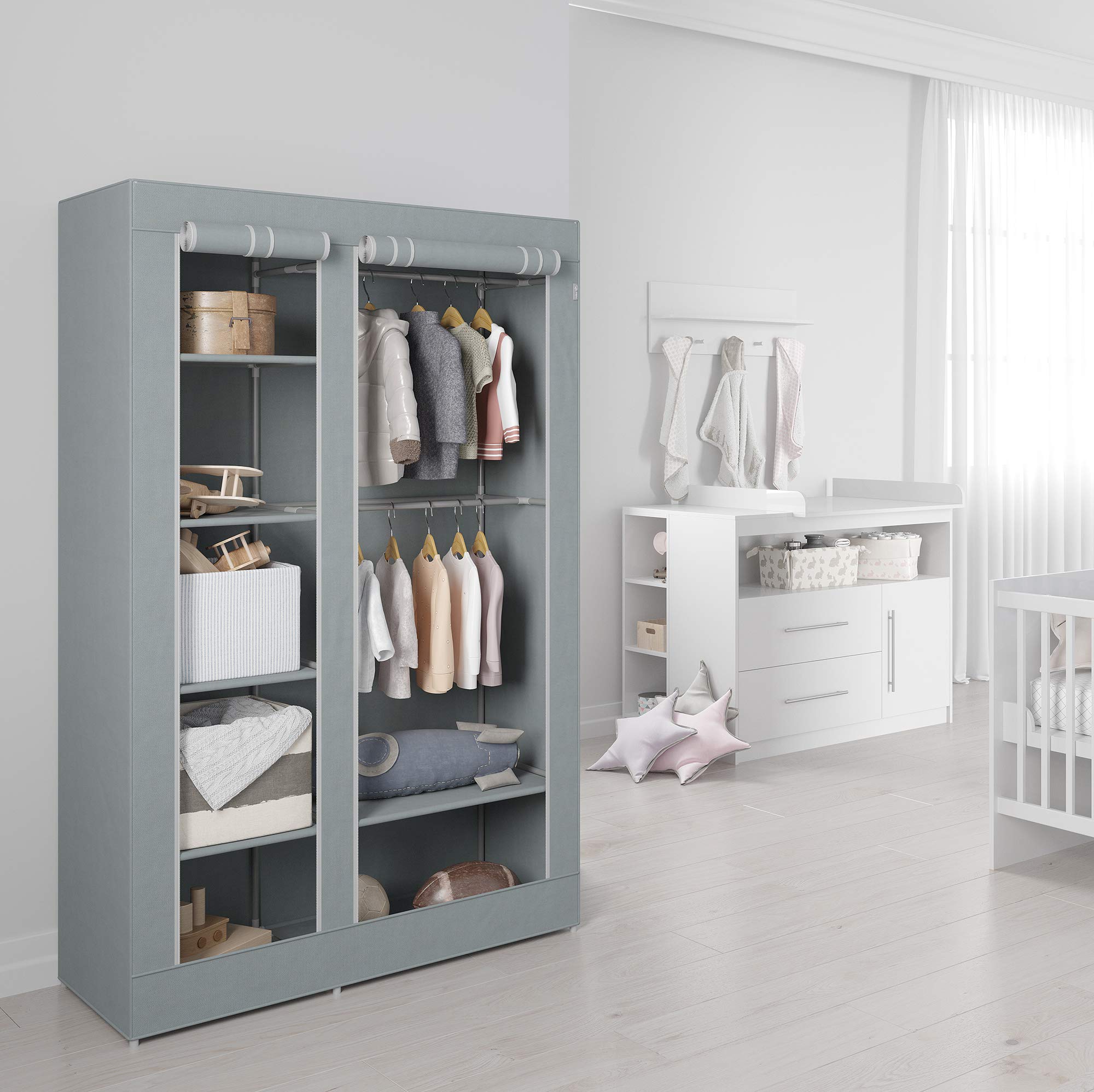 roba Armadio in Tessuto Little Stars 175 x 110 x 45 cm 6 Scomparti Grigio