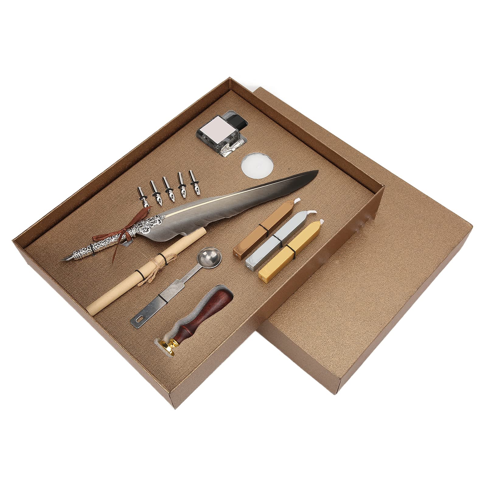 Ensemble de stylos de calligraphie avec plume en acier inoxydable et support en alliage sculpté rétro, et stylo plume en métal pour l'écriture, le dessin (SFDPS038031 Plume grise pointue)