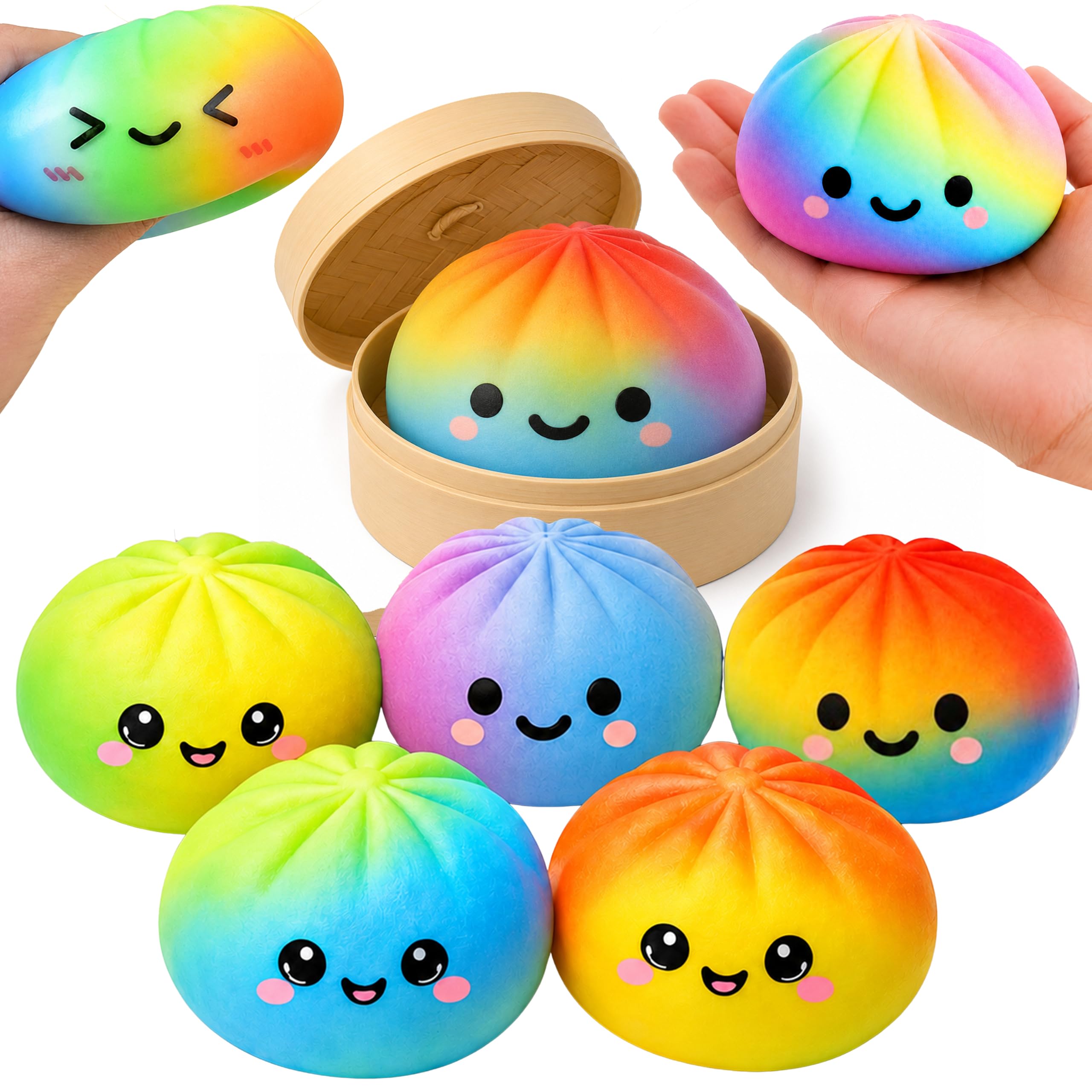 Rainbow Dumpling Toy 8.5cm - 1x Random Mystery Surprise Bao Bun Dumpling with Steamer Box, Air Filled Viral Dumpling, Fidget Toys for Kids 3+