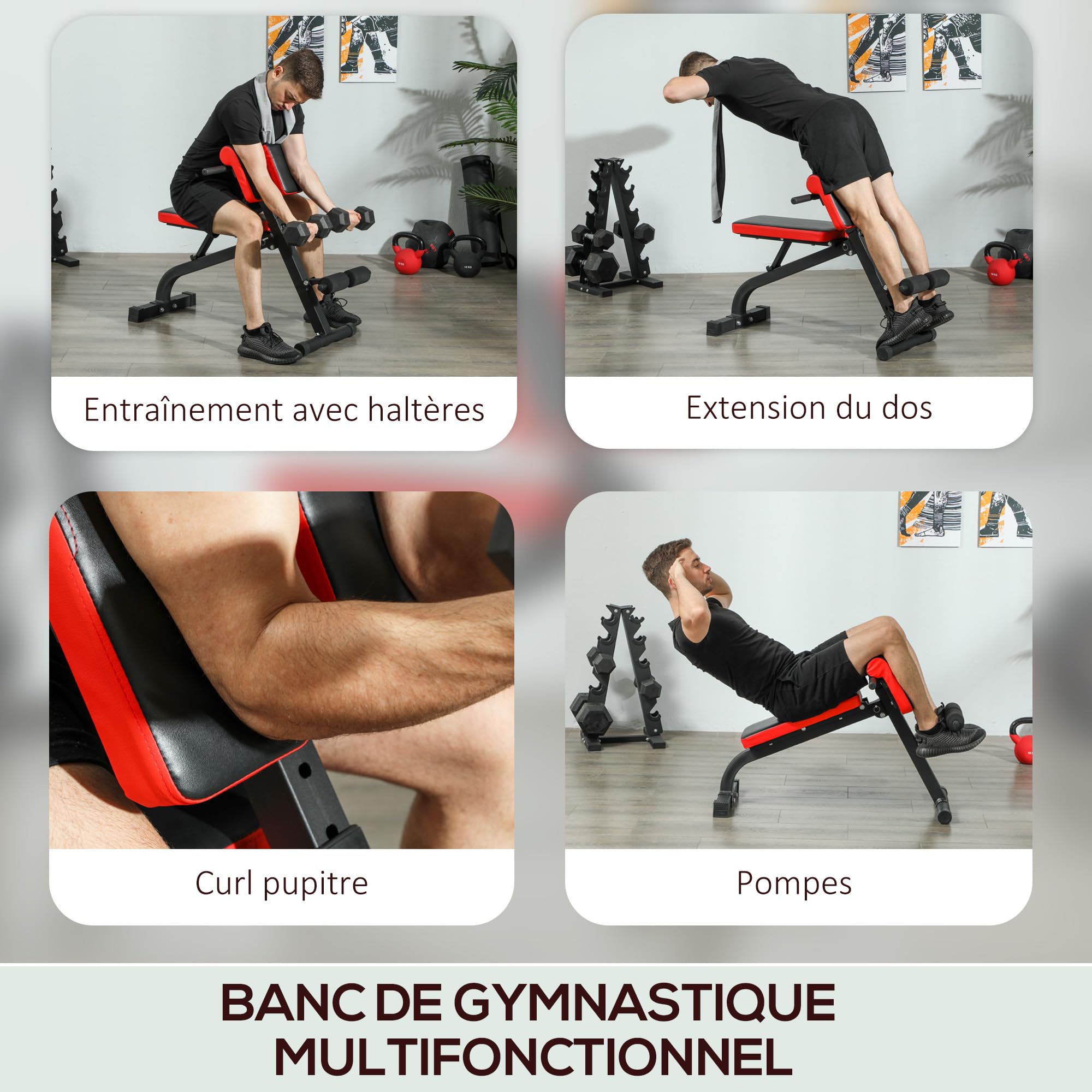 SPORTNOW Banc de musculation pliable banc multifonction pour entraînement complet coussin réglable sur 8 positions pour hyper extension du dos, pompes, noir