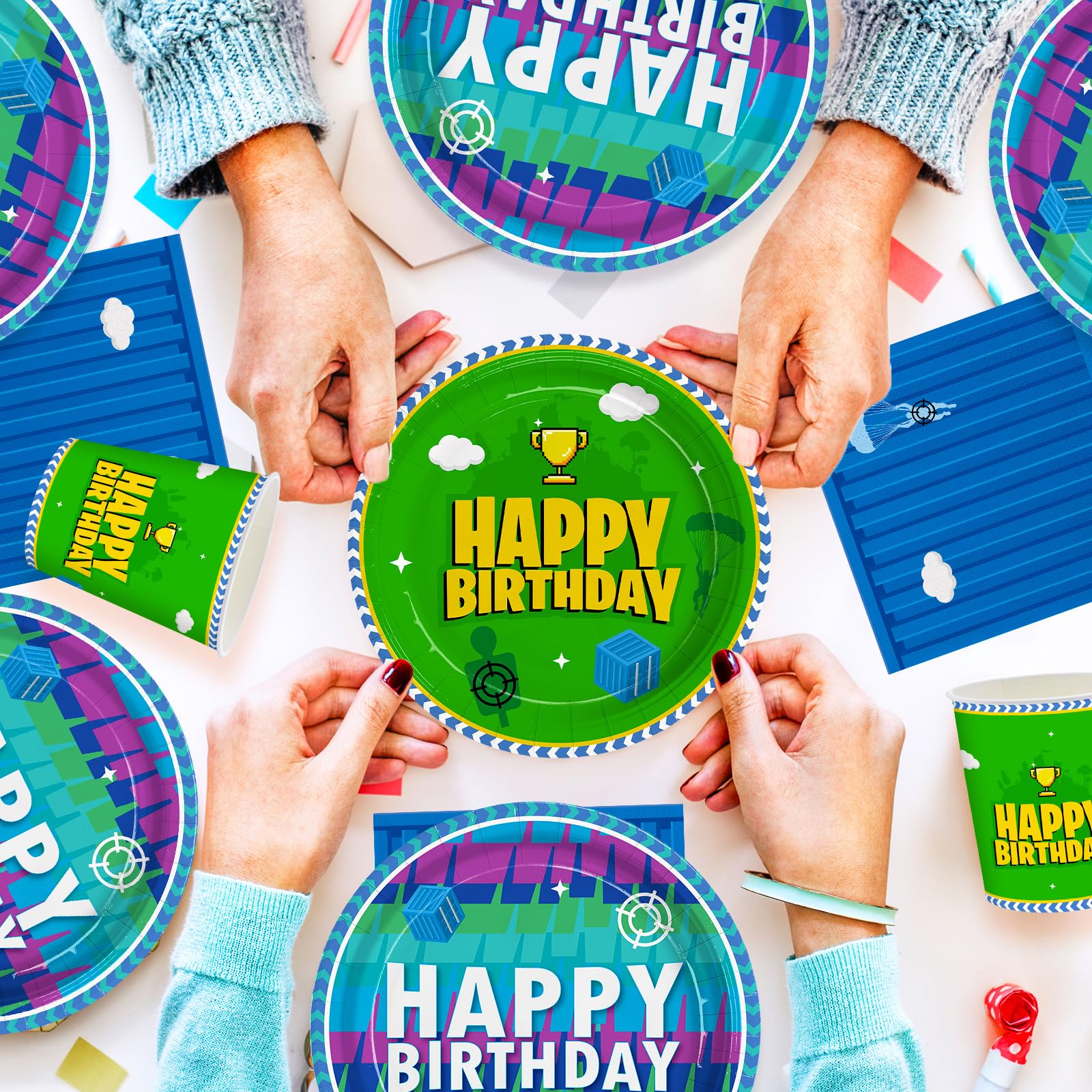 Juego de 194 piezas de decoración de fiesta de cumpleaños de videojuegos, platos de noche, servilletas, temática de llama, vasos de papel, mantel, suministros de fiesta de videojuegos para niños