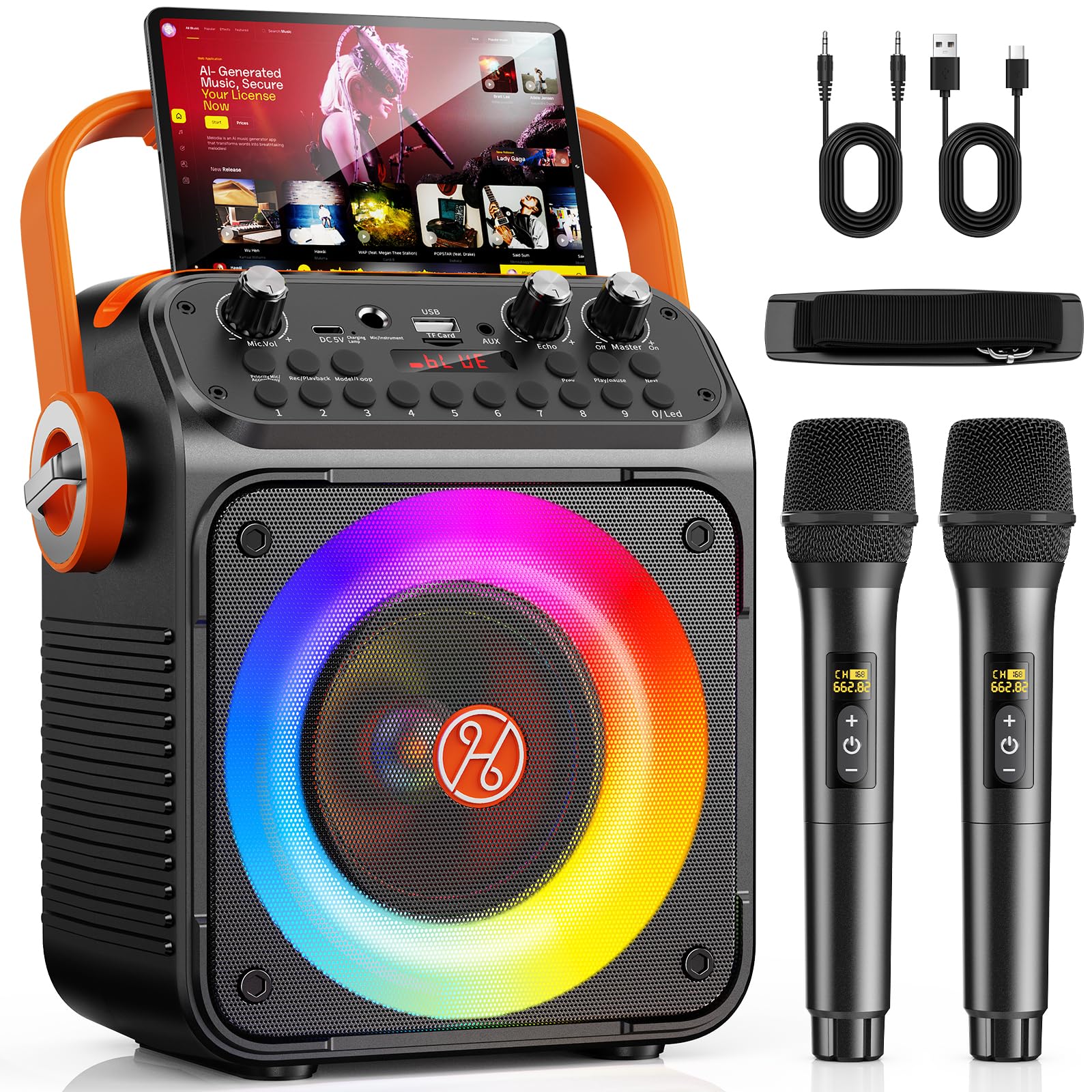 HWWR Karaoke Maschine mit 2 Mikrofonen, Bluetooth 5.3 Lautsprecher mit LED-Lichteffekten und Echo-Regelung, tragbare Karaoke Box mit USB/AUX/TF/FM, für Kinder und Erwachsene