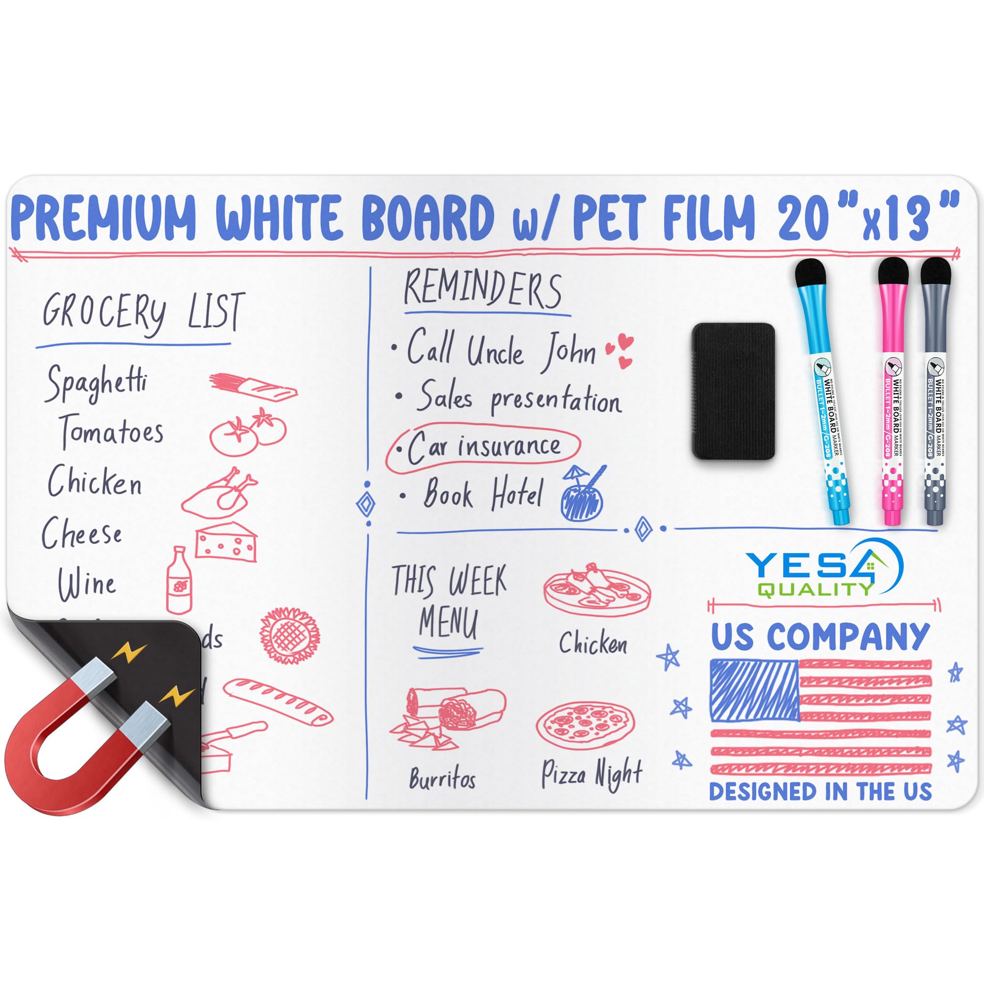 Magnetic Dry Erase White Board Sheet for Fridge - 20x13 - Stain Resistant Technology with 3 Markers & Big Eraser with Magnet - Refrigerator Whiteboard