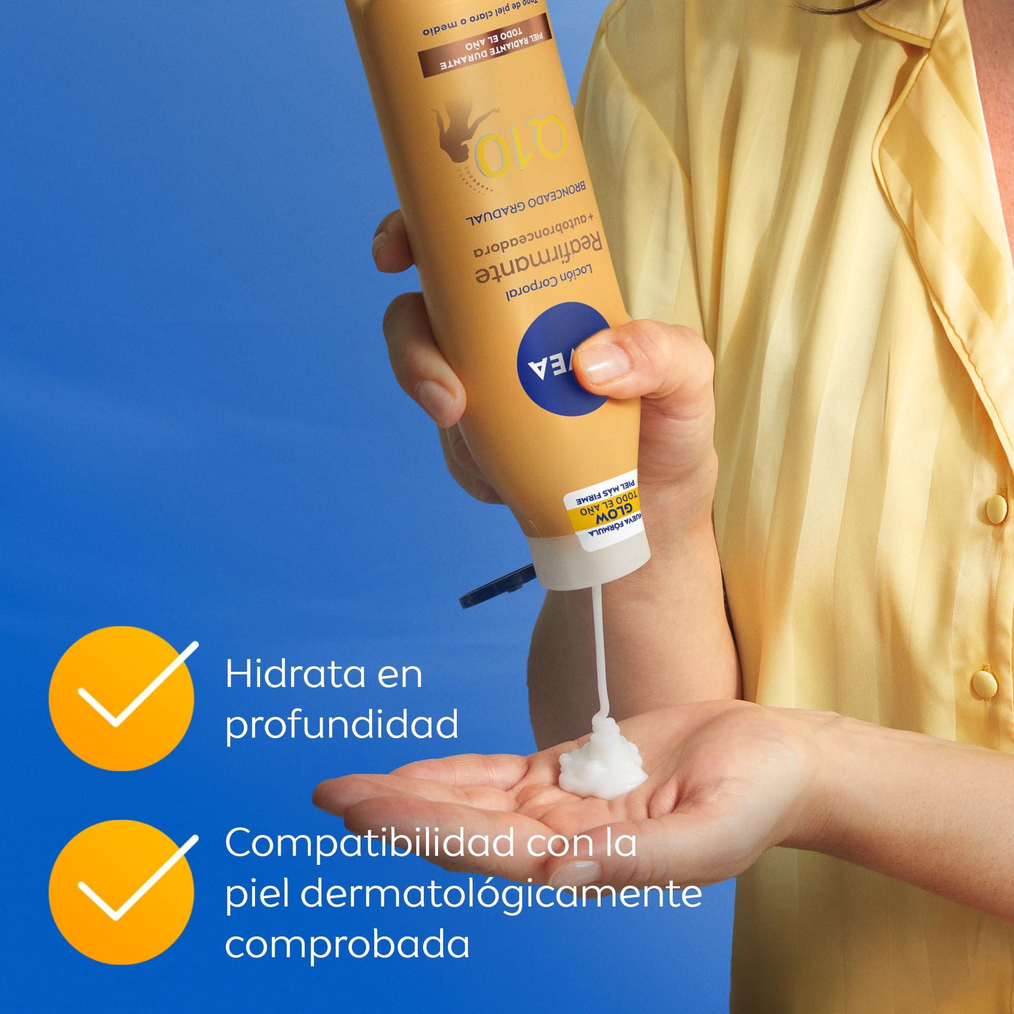 NIVEA Q10 Loción Corporal Reafirmante + Autobronceadora (400 ml), crema hidratante corporal con coenzima Q10, crema bronceadora para tono de piel claro a medio — view 6