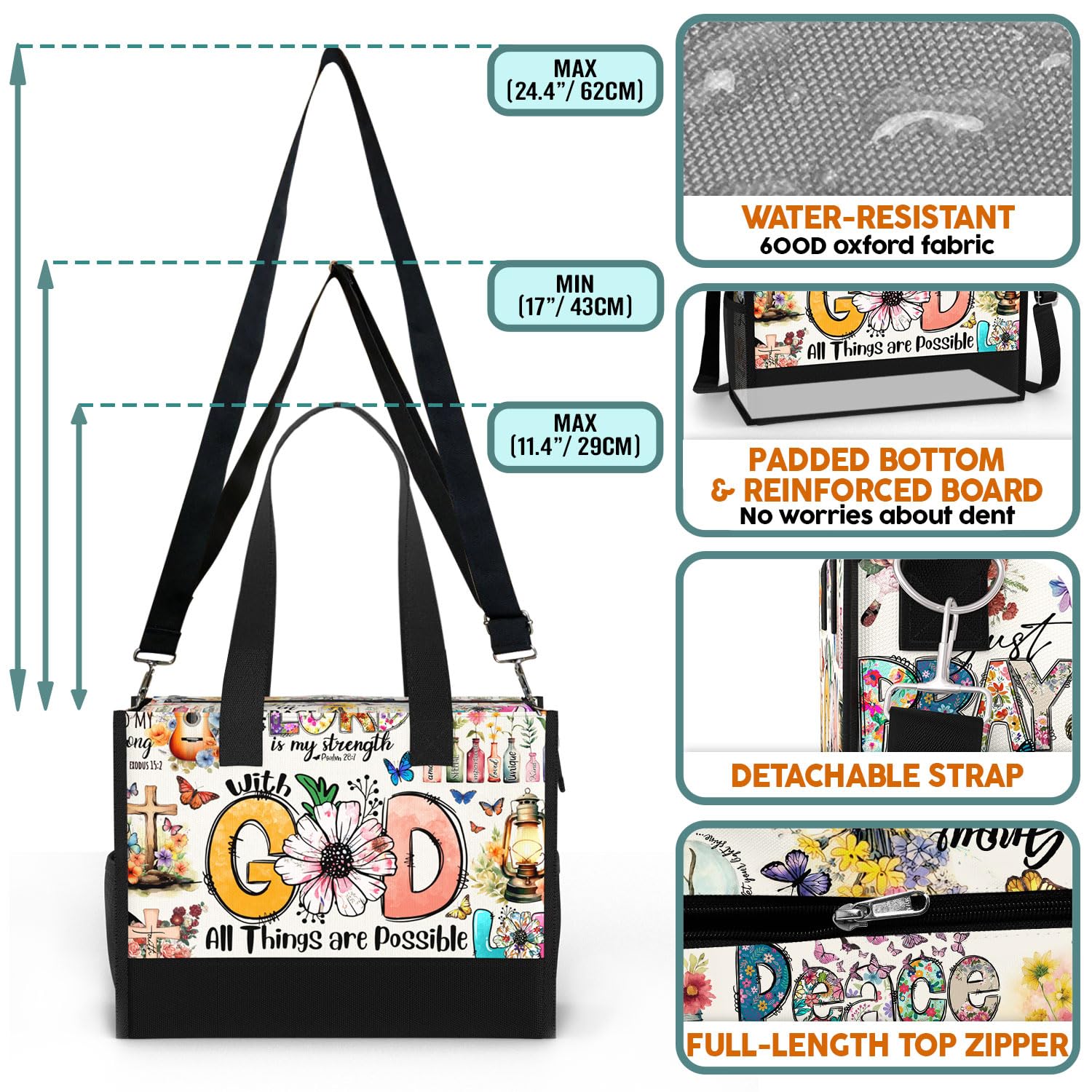 Large Tote Bag for Women. Aesthetic Shoulder Bag. Christian Faith Religious Gift. Waterproof Bag with Pockets and Zipper for Travel, Work, Grocery. All Things are Possible with God.