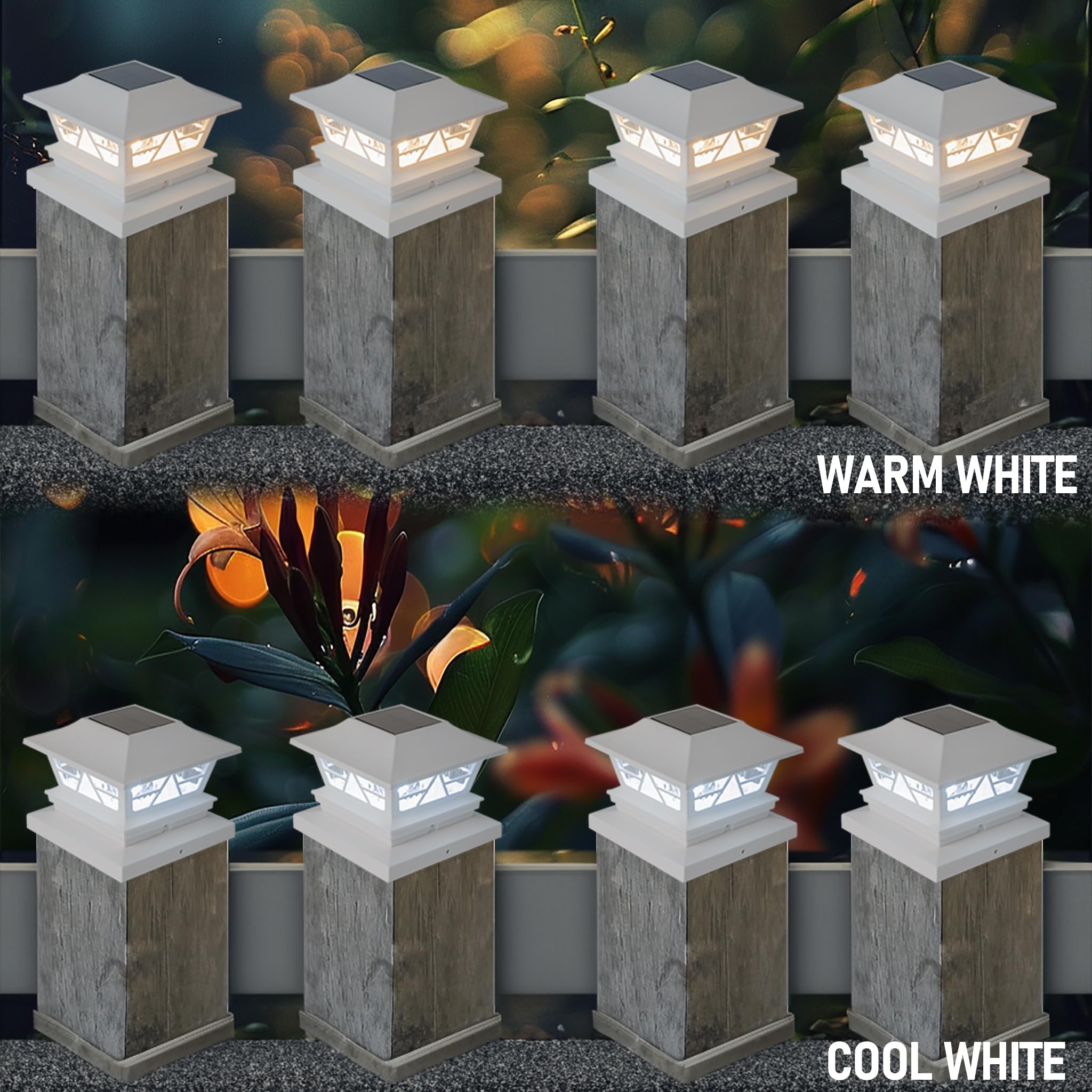 TW SHINE Confezione da 8 luci solari per recinzioni esterne, 2 modalità, impermeabili, bianco caldo/bianco freddo, per cortile, giardino, veranda, patio, per pali in legno da 4 x 4, 5 x 5, 6 x 6