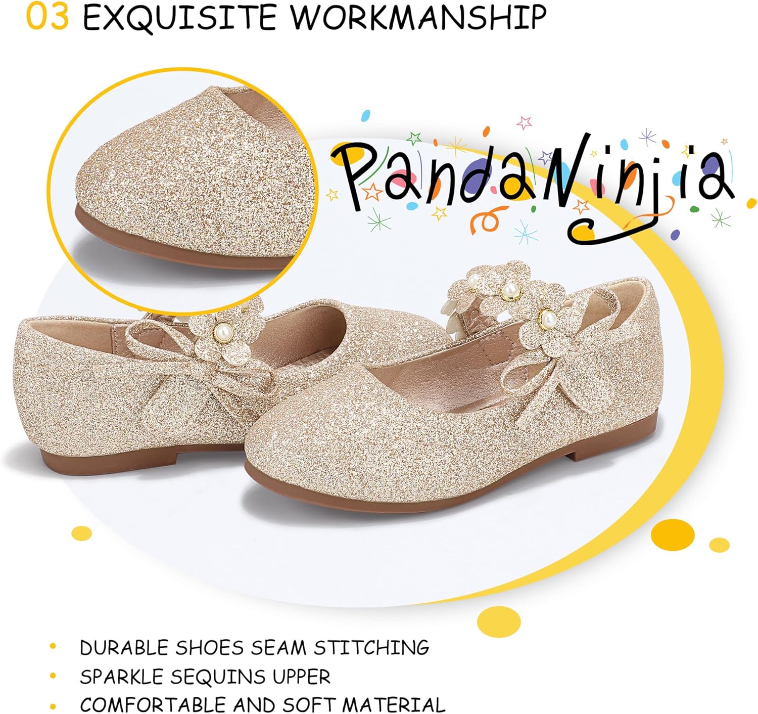 PANDANINJIA Toddler Girls Dress Shoes Flower Girl Flats Pearls Bow Mary Jane Wedding Party Flora Shoes - Image 5