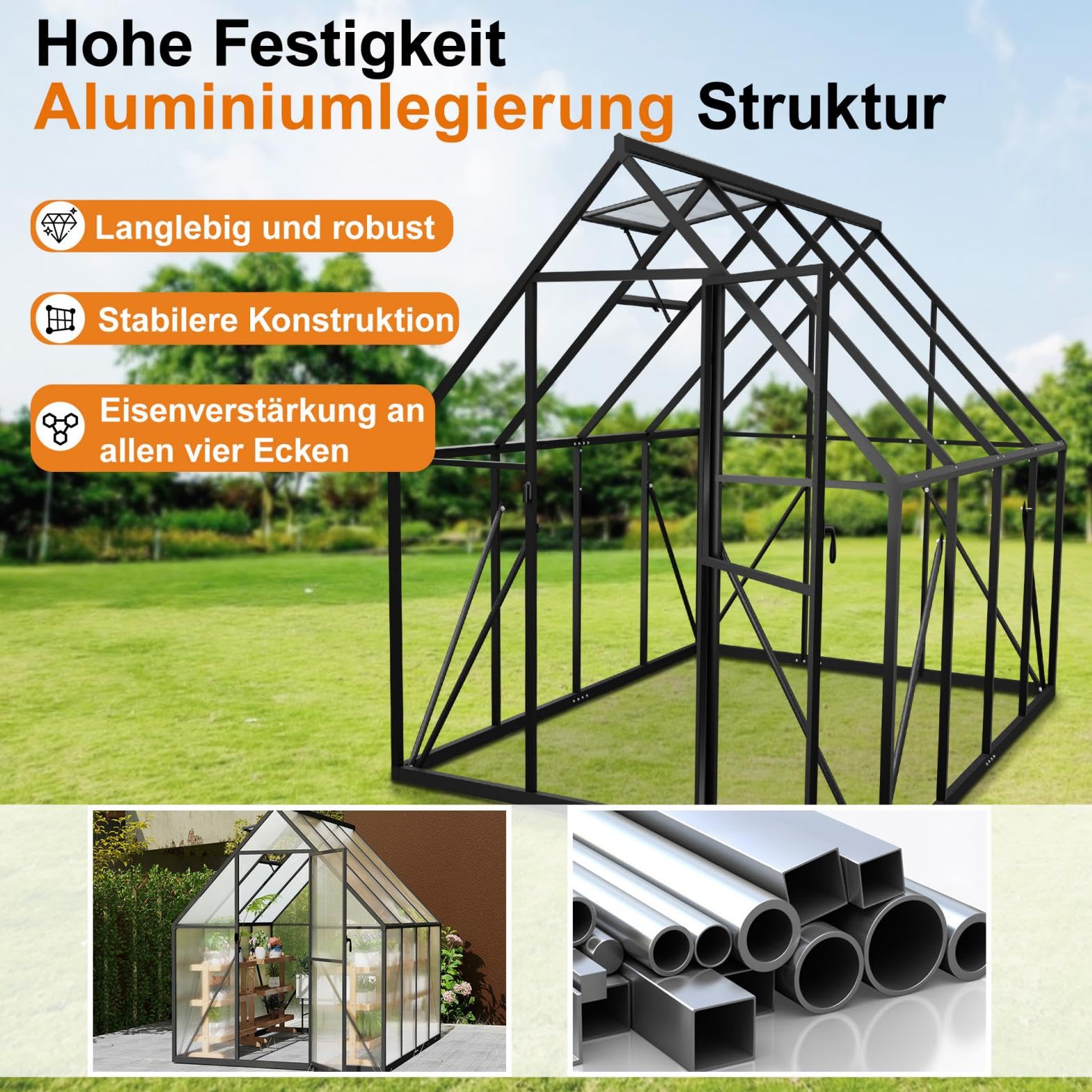 Aluminium Gewächshaus 6x8FT mit Fundamentrahmen & Belüftungsfenster, robustes Tomatenhaus wetterfest & rostfrei ideales Pflanzen- und Gemüsehaus für ganzjährige Anzucht Treibhaus 230x180x195cm