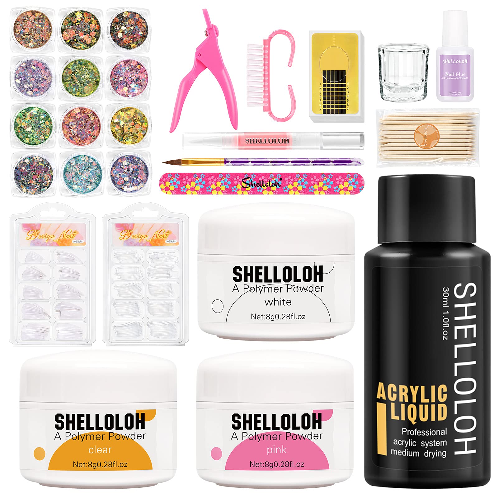 Shelloloh Acrylic Nail Kit Professional Acrylic Powder Clear Pink White Acrylic Liquid Monomer Set Nail Art Glitter Powder False Nail Tips Nail Extension Manicure Tools Set for Nail Salon Home DIY