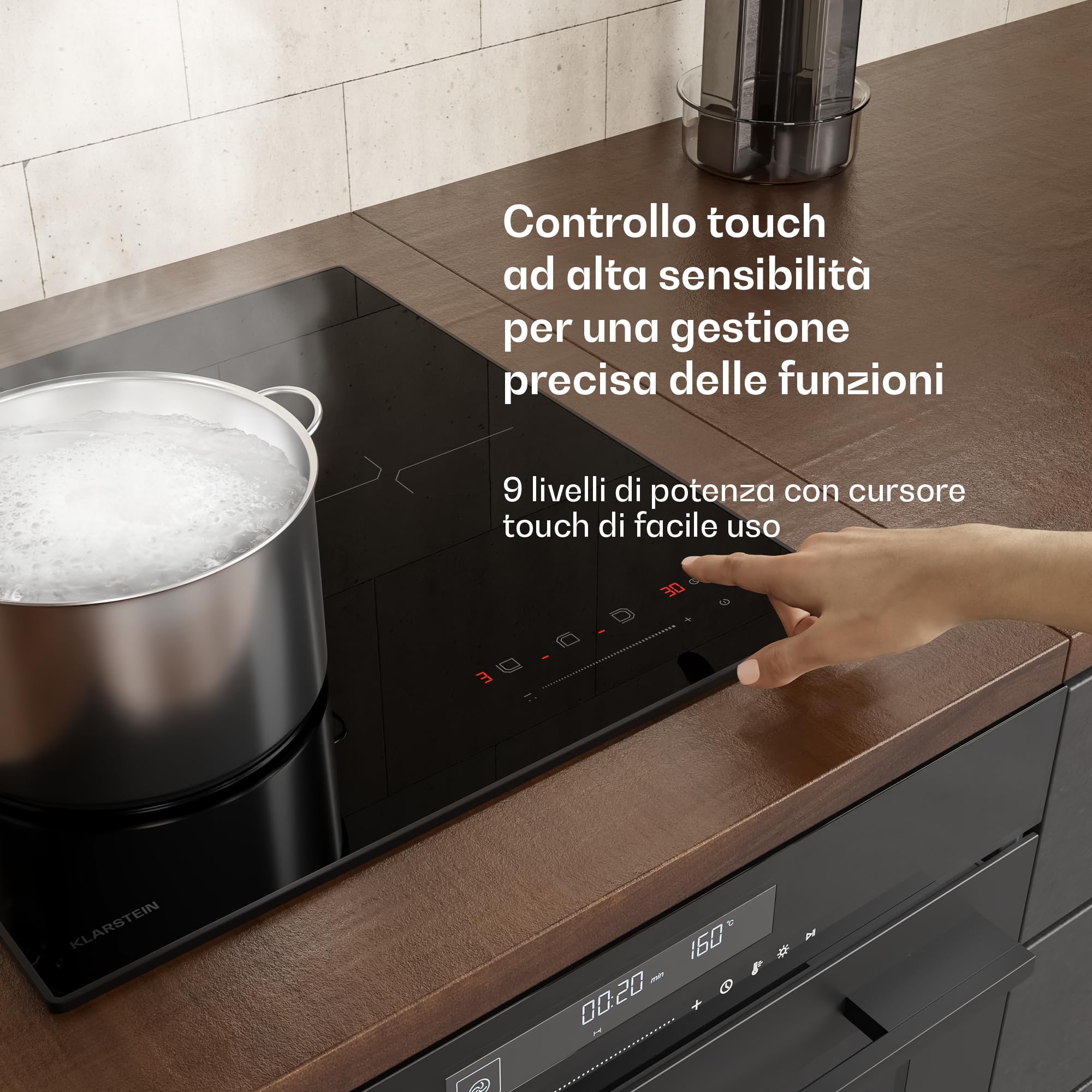 Klarstein Velaire Piano Induzione 45cm - 3 Zone, 5500W, Cursore Touch, Timer, Blocco Bambini, Calore Residuo, Vetro Nero, Piastra Induzione Compatta per Cucina Moderna