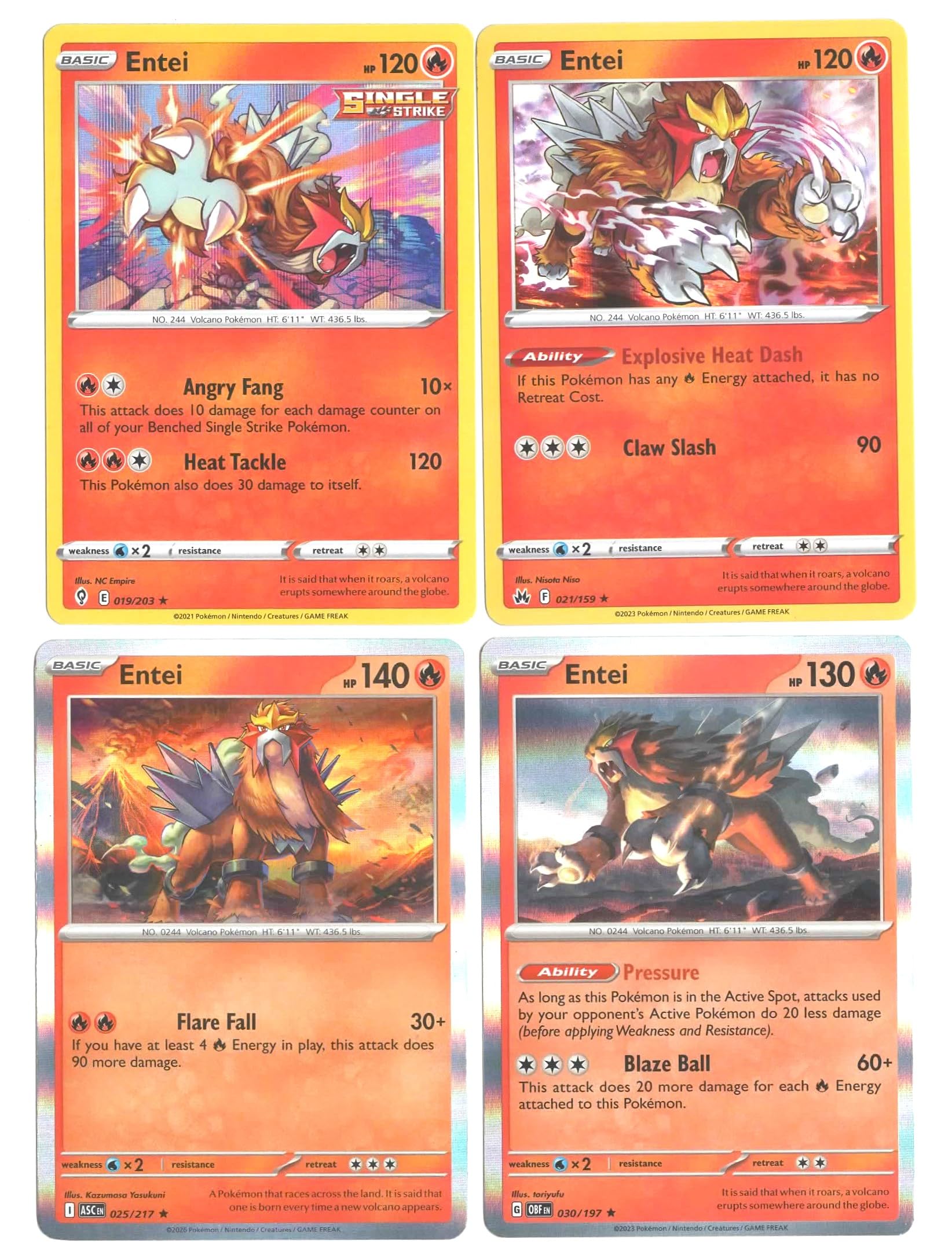 Pokemon - Entei Legendary Pokemon 4 Card Lot - Holo - 030/197 - Obsidian Flames - 14/98 - Ancient Origins