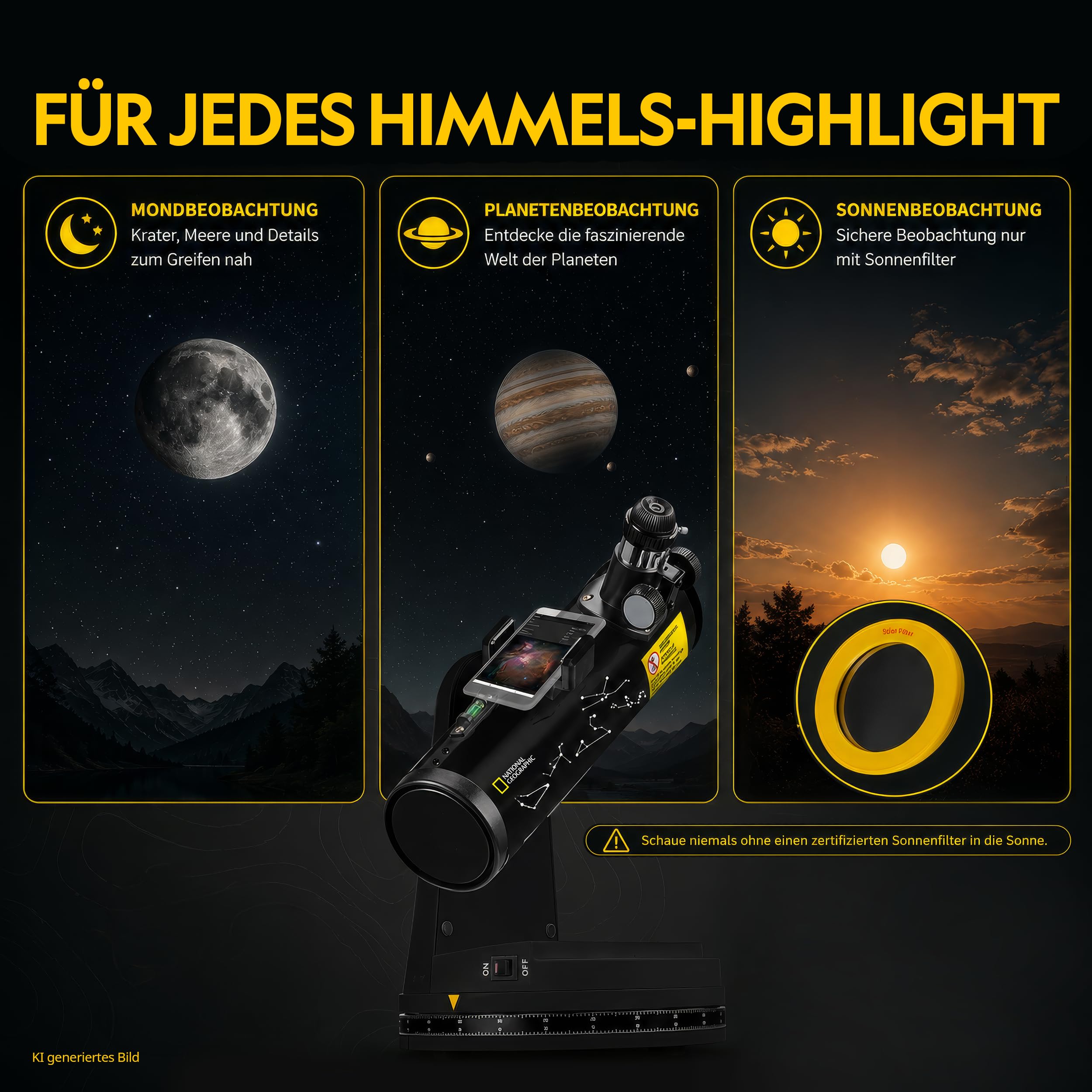 National Geographic Telescopio Inteligente 76 350 con navegación por App, Reflector Newton, Filtro Solar, Soporte Smartphone