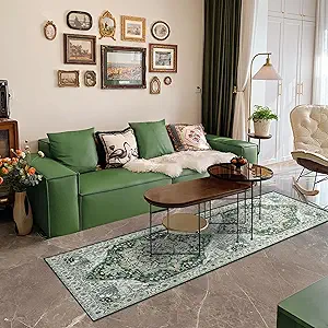 Deerly Green Washable Kitchen Runner Rug 3x7 Boho Vintage Hallway Entryway Throw Rug Faux Wool Non-Slip Low-Pile Floor Carpet for Indoor Front Entrance Kitchen Bathroom Bedroom
